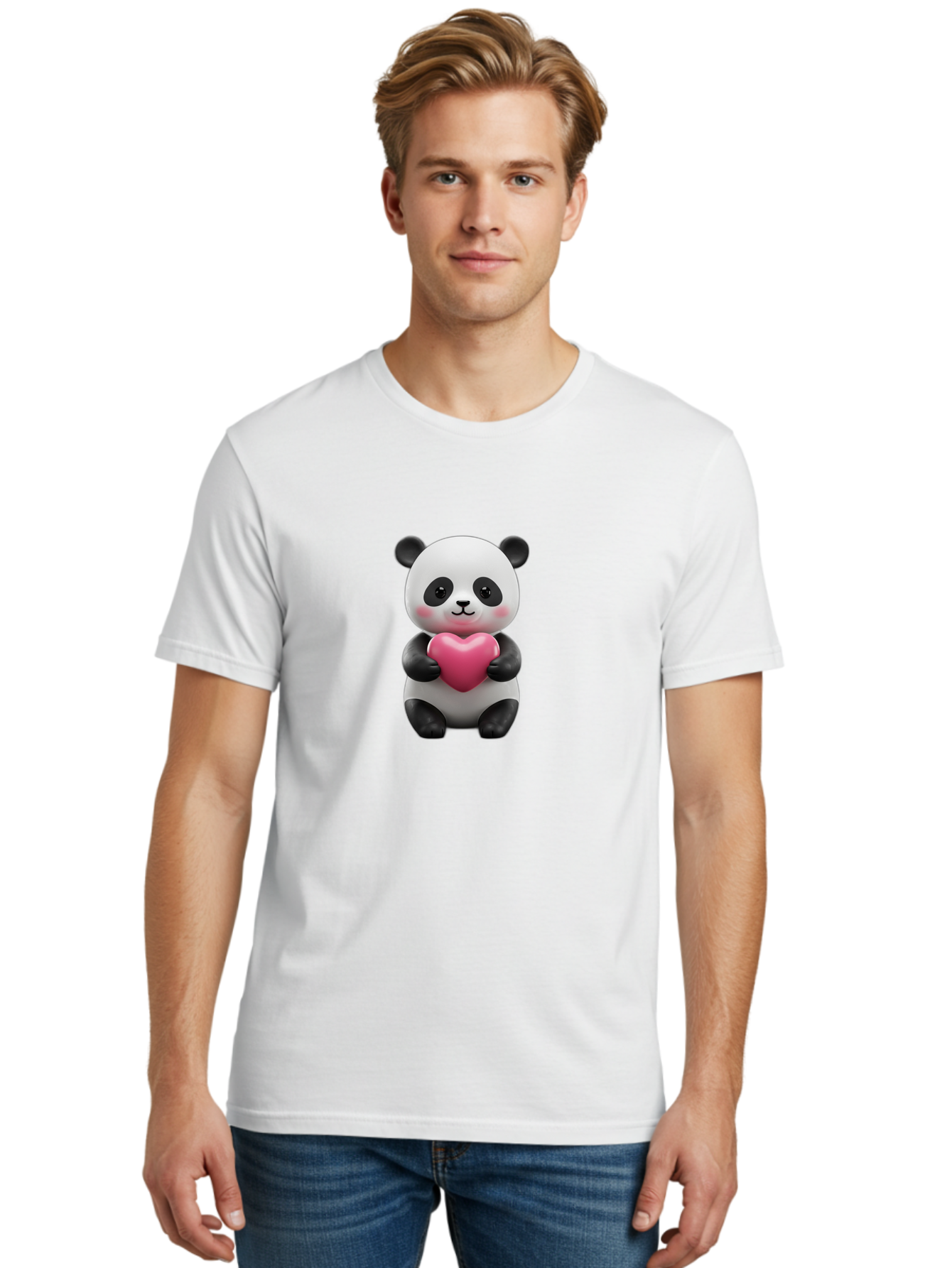 Panda-Holding-Heart-5 Men'S Graphic Tee, 100% Cotton, Comfortable Casual Summer Wear, Machine Washable, Cute Panda Bear, Adorable Cartoon Character, Pink Heart, Loving Gesture, Heartwarming Scene, Valentines Day, Love Symbol, Cartoon Graphics, Bae596 20
