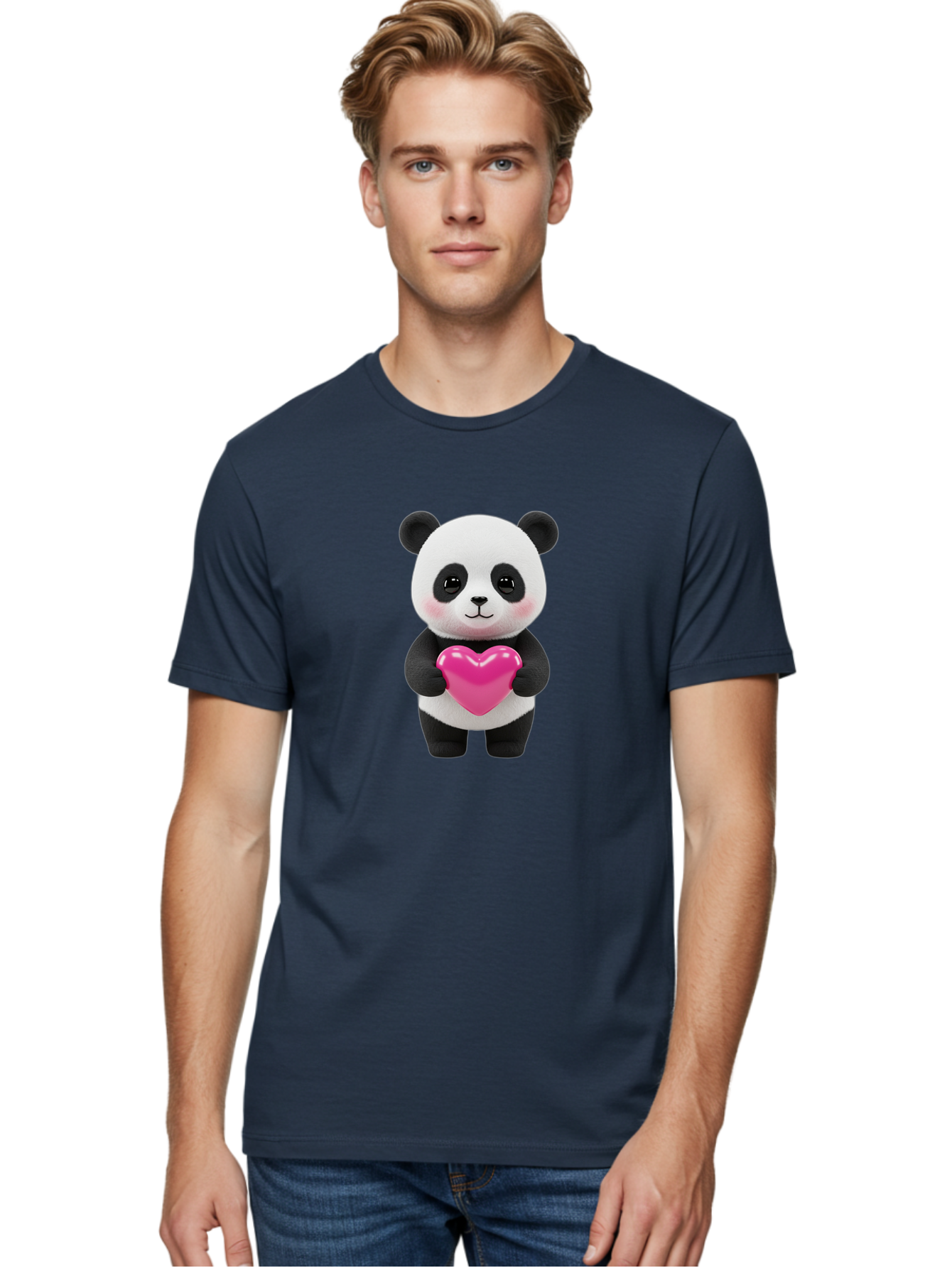 Panda-Holding-Heart Men'S Graphic Tee, 100% Cotton, Comfortable Casual Summer Wear, Machine Washable, Cute Panda, Adorable Cartoon Character, Pink Heart, Love Symbol, Endearing Expression, Plush Toy, Kawaii Animal, Heartwarming Scene, Bae599 25