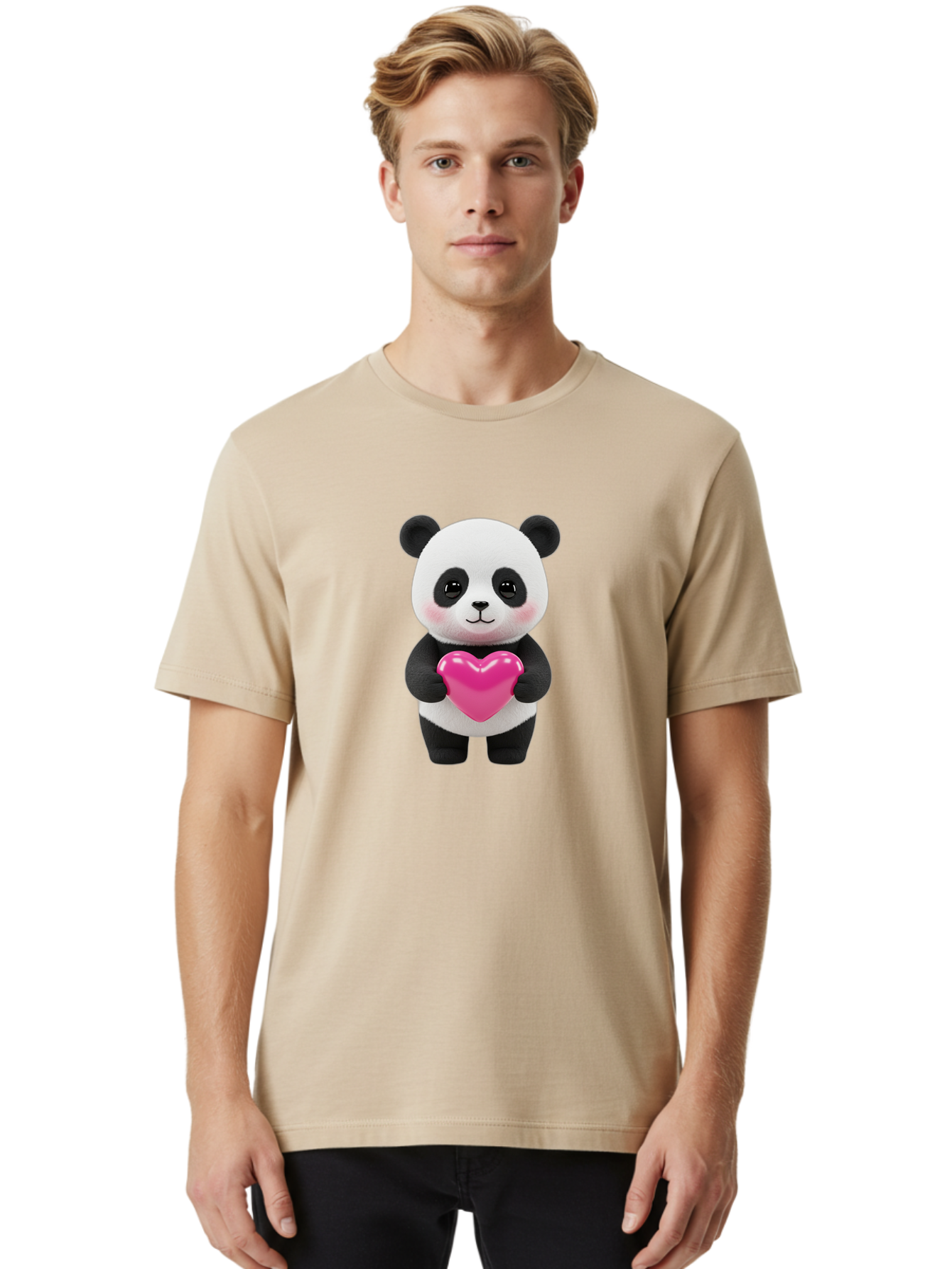 Panda-Holding-Heart Men'S Graphic Tee, 100% Cotton, Comfortable Casual Summer Wear, Machine Washable, Cute Panda, Adorable Cartoon Character, Pink Heart, Love Symbol, Endearing Expression, Plush Toy, Kawaii Animal, Heartwarming Scene, Bae599 24