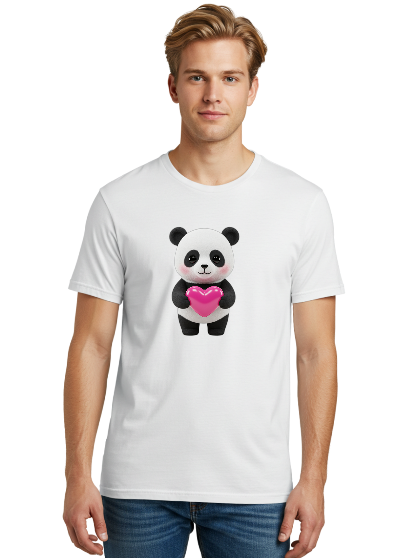 Panda-Holding-Heart Men'S Graphic Tee, 100% Cotton, Comfortable Casual Summer Wear, Machine Washable, Cute Panda, Adorable Cartoon Character, Pink Heart, Love Symbol, Endearing Expression, Plush Toy, Kawaii Animal, Heartwarming Scene, Bae599 28