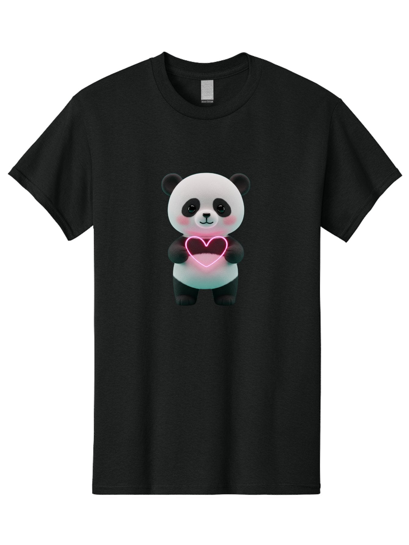 Panda-Holding-Neon-Heart Men'S Graphic Tee, 100% Cotton, Comfortable Casual Summer Wear, Machine Washable, Cute Panda, Heart Symbol, Love Gesture, Neon Heart, Adorable Animal, Cartoon Character, Pink Glow, Sweet Expression, 3D Illustration, Bae600 6