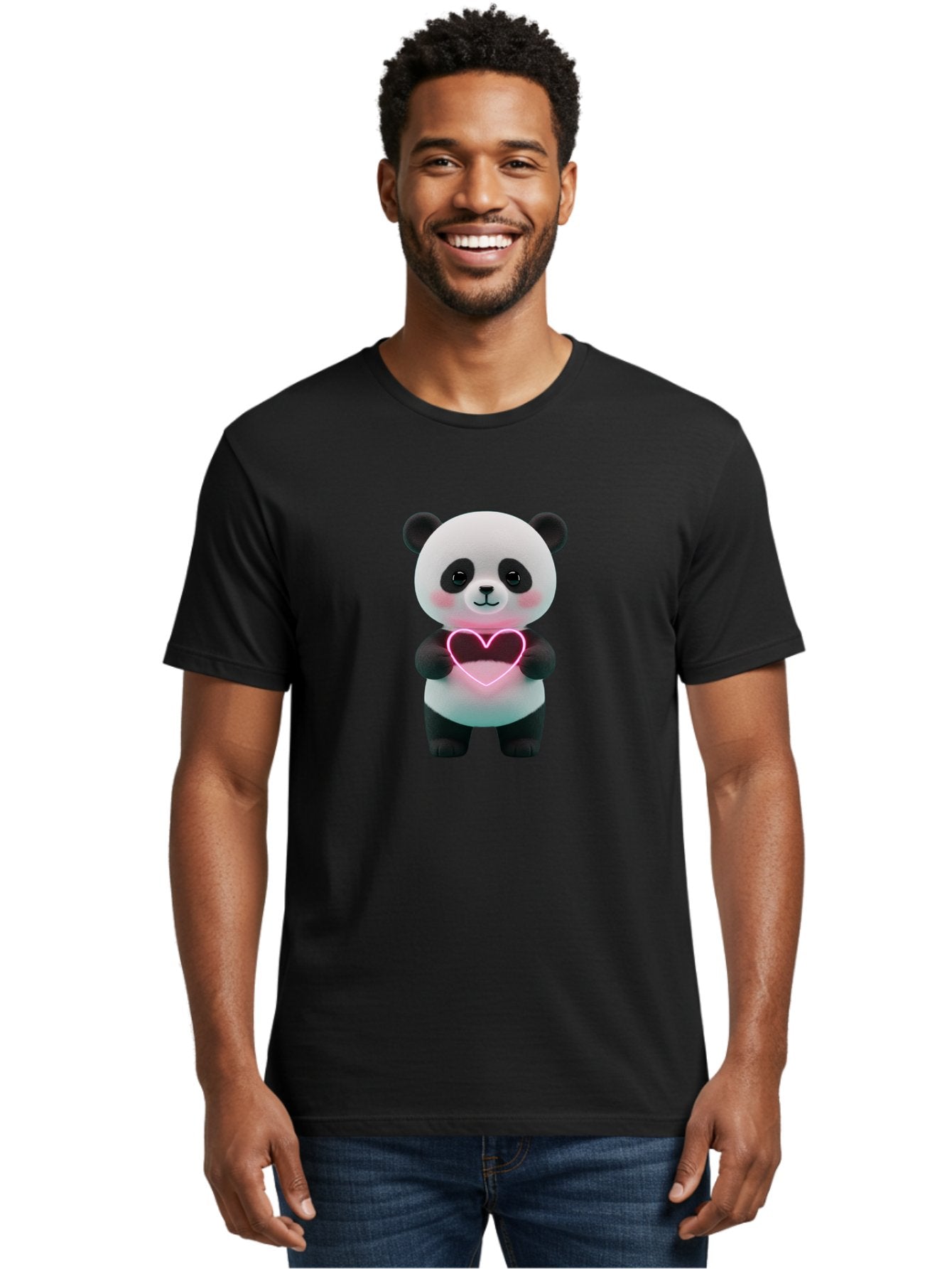 Panda-Holding-Neon-Heart Men'S Graphic Tee, 100% Cotton, Comfortable Casual Summer Wear, Machine Washable, Cute Panda, Heart Symbol, Love Gesture, Neon Heart, Adorable Animal, Cartoon Character, Pink Glow, Sweet Expression, 3D Illustration, Bae600 24