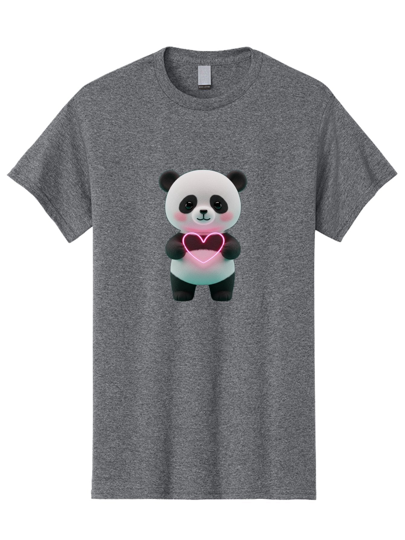 Panda-Holding-Neon-Heart Men'S Graphic Tee, 100% Cotton, Comfortable Casual Summer Wear, Machine Washable, Cute Panda, Heart Symbol, Love Gesture, Neon Heart, Adorable Animal, Cartoon Character, Pink Glow, Sweet Expression, 3D Illustration, Bae600