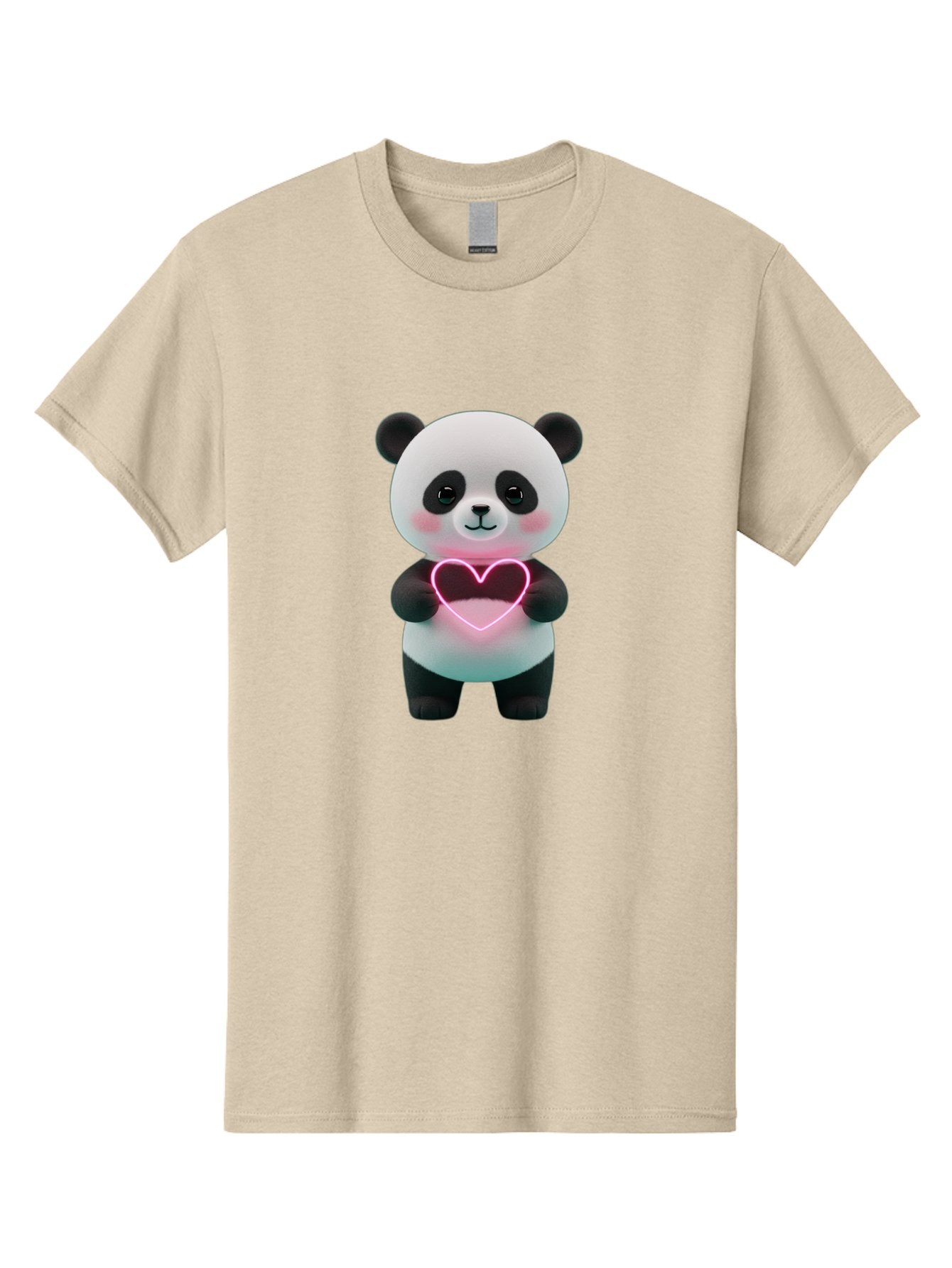 Panda-Holding-Neon-Heart Men'S Graphic Tee, 100% Cotton, Comfortable Casual Summer Wear, Machine Washable, Cute Panda, Heart Symbol, Love Gesture, Neon Heart, Adorable Animal, Cartoon Character, Pink Glow, Sweet Expression, 3D Illustration, Bae600 4