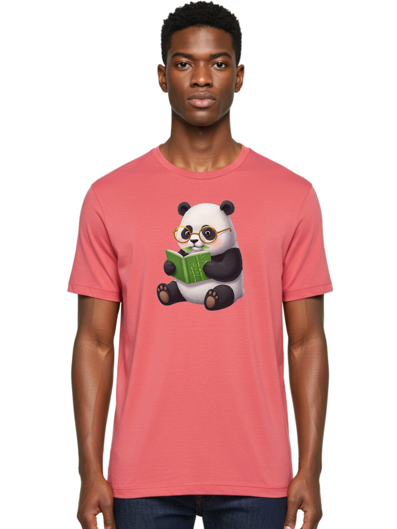 Panda-Reading Men'S Graphic Tee, 100% Cotton, Comfortable Casual Summer Wear, Machine Washable, Cartoon Panda, Reading A Book, Glasses, Cute Animal, Bamboo, Playful Illustration, Relaxed Atmosphere, Fun Character, Adorable Bae604 24