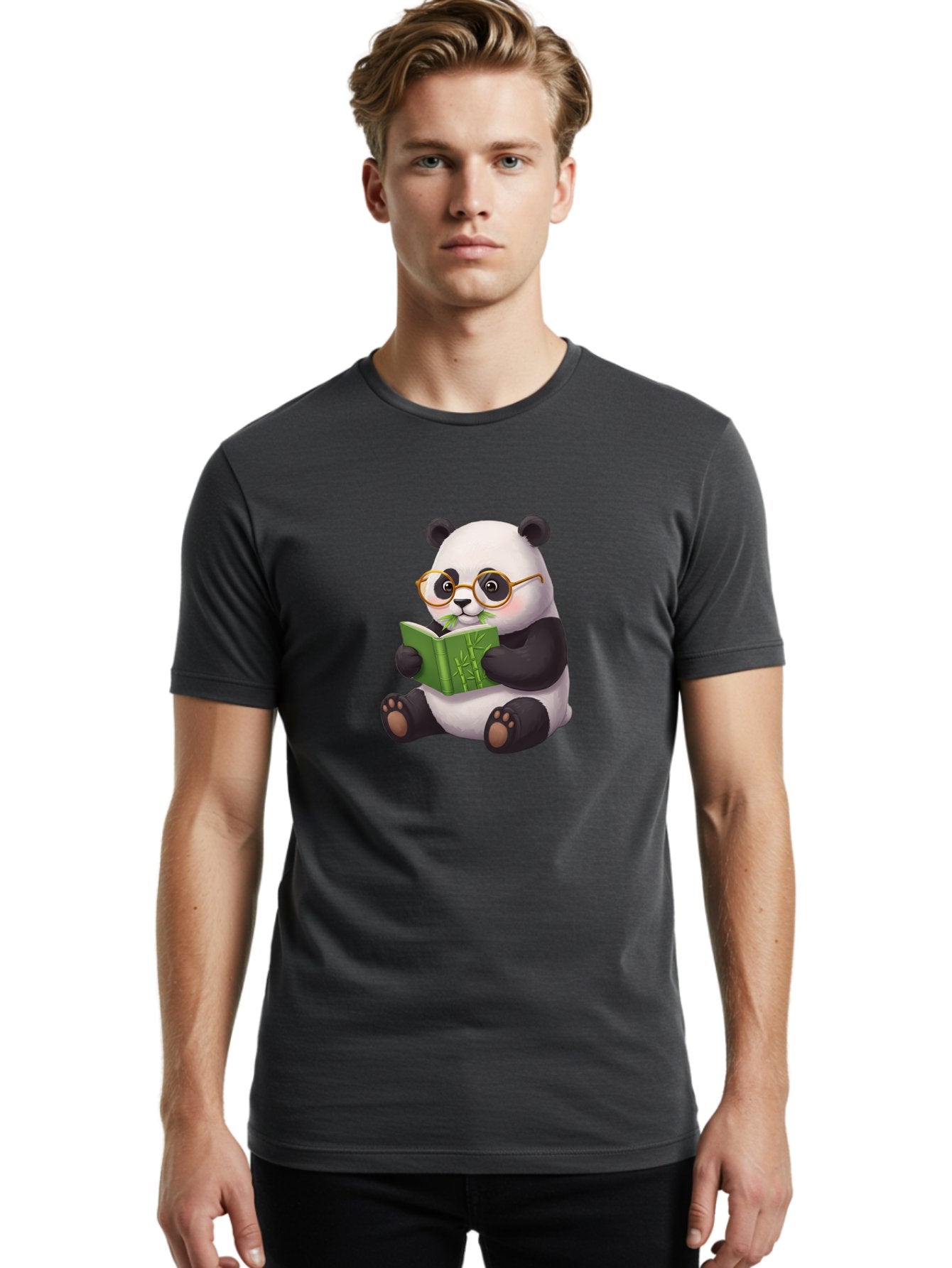 Panda-Reading Men'S Graphic Tee, 100% Cotton, Comfortable Casual Summer Wear, Machine Washable, Cartoon Panda, Reading A Book, Glasses, Cute Animal, Bamboo, Playful Illustration, Relaxed Atmosphere, Fun Character, Adorable Bae604 17