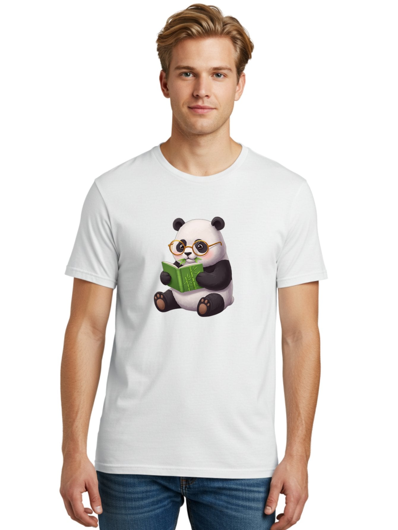 Panda-Reading Men'S Graphic Tee, 100% Cotton, Comfortable Casual Summer Wear, Machine Washable, Cartoon Panda, Reading A Book, Glasses, Cute Animal, Bamboo, Playful Illustration, Relaxed Atmosphere, Fun Character, Adorable Bae604 22