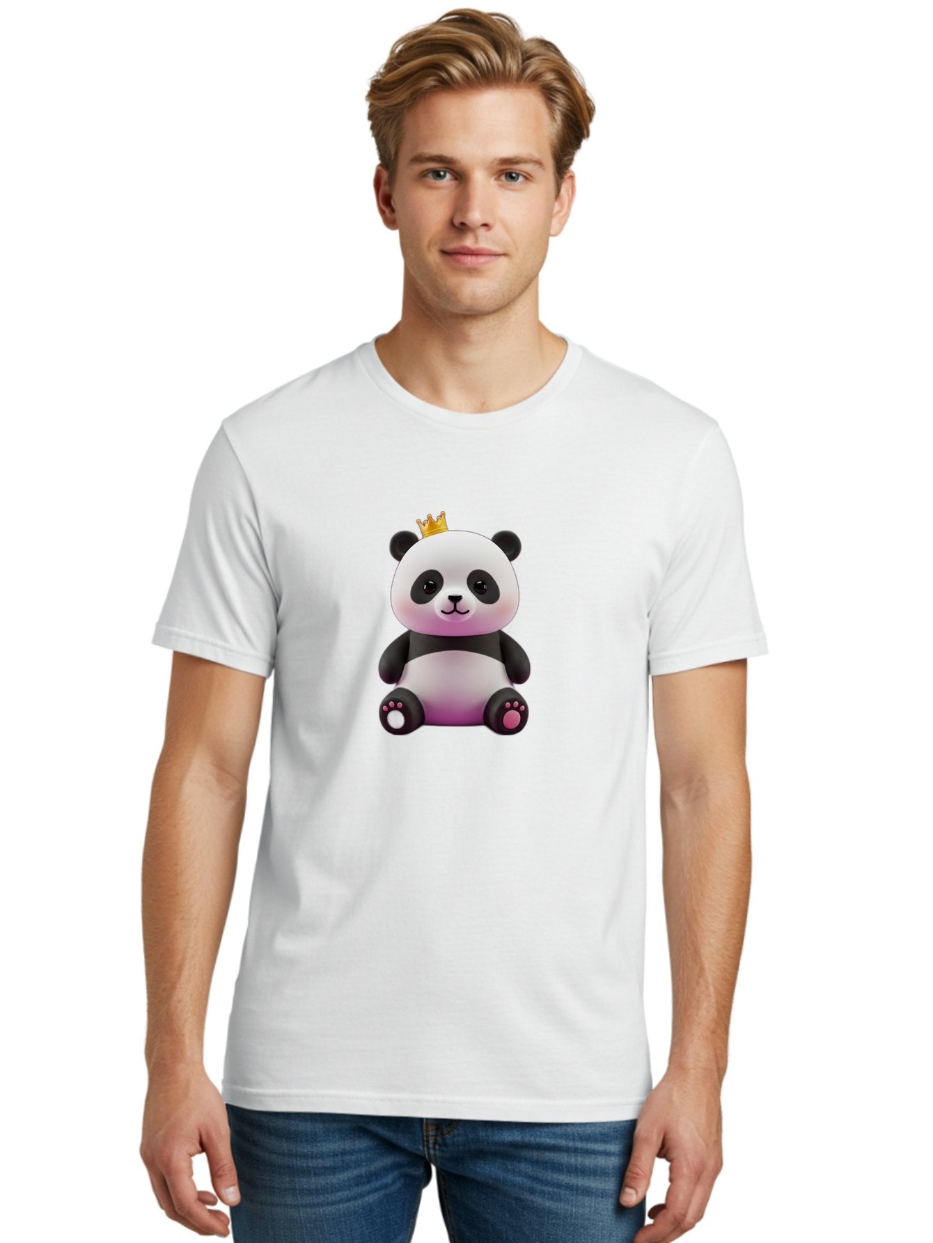 Panda-With-Crown-4 Men'S Graphic Tee, 100% Cotton, Comfortable Casual Summer Wear, Machine Washable, Cartoon Panda, Cute Animal, Kawaii Character, Adorable Bear, Crowned Panda, Digital Illustration, Fantasy Creature, Sitting Panda, Bae611 25