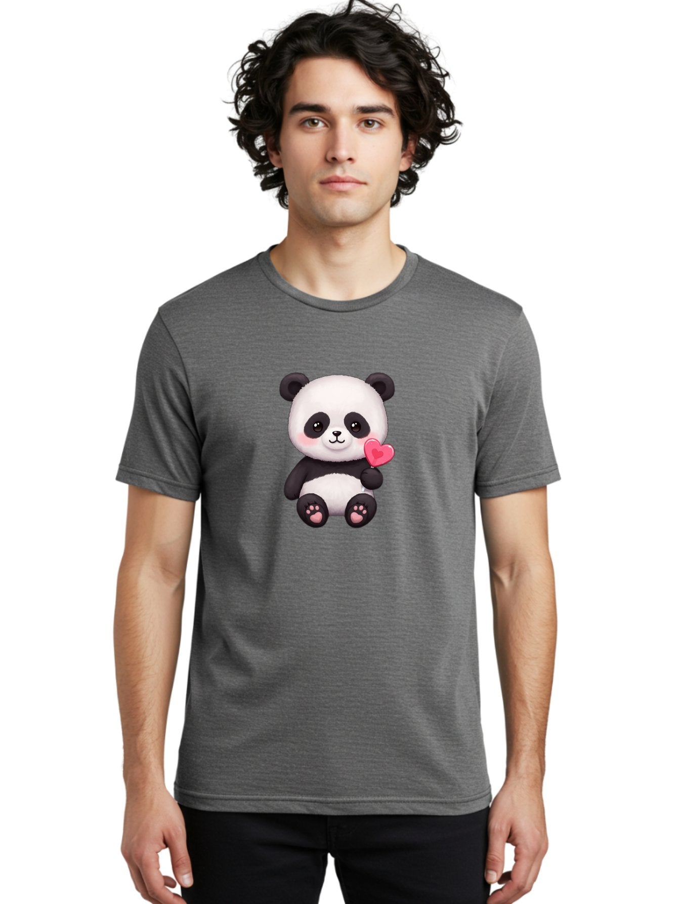 Panda-With-Heart-2 Men'S Graphic Tee, 100% Cotton, Comfortable Casual Summer Wear, Machine Washable, Cute Panda Bear, Holding Heart, Adorable Animal, Cartoon Character, Pink Heart, Love Symbol, Kawaii Illustration, Fuzzy Texture, Bae620 24