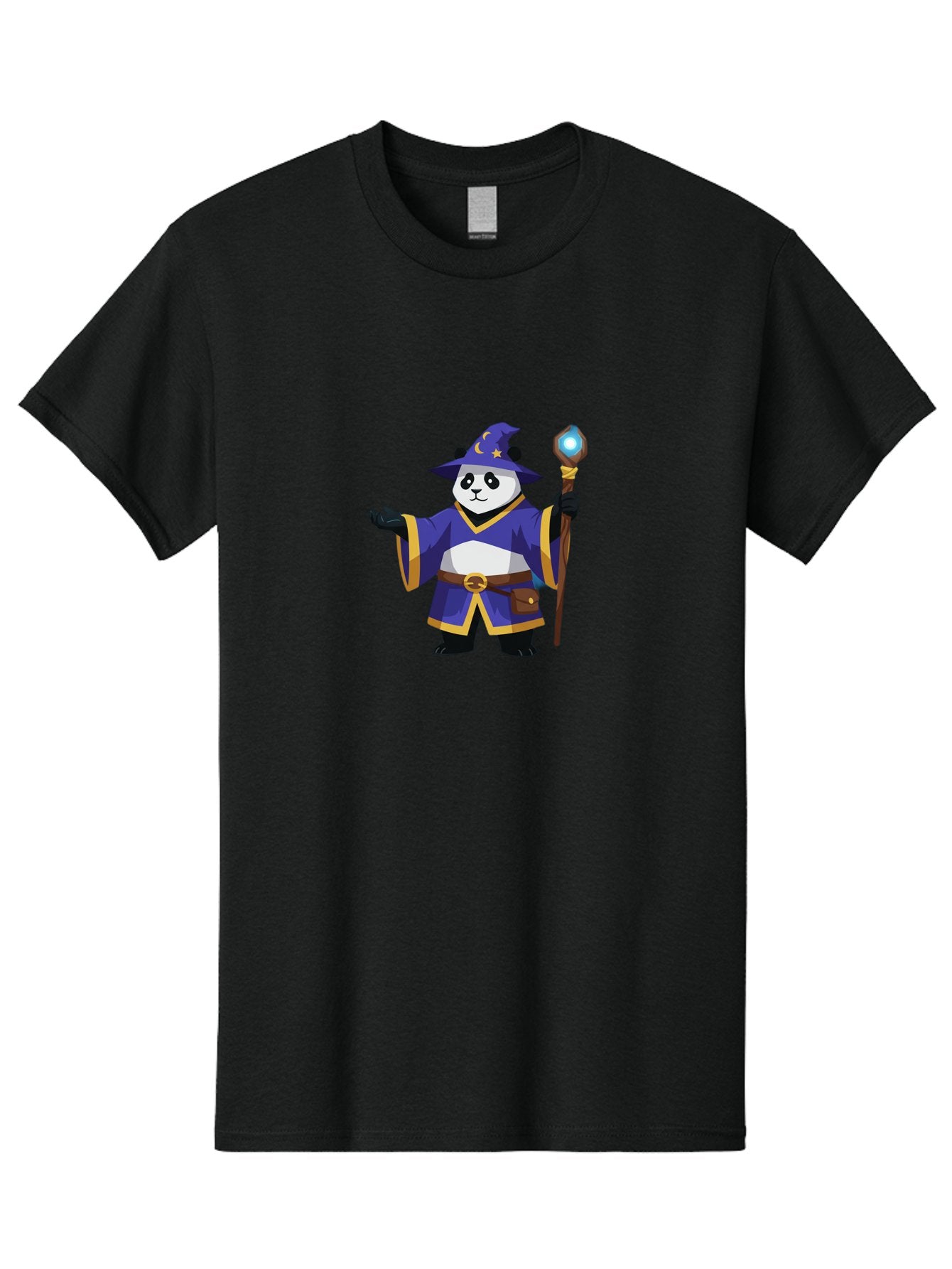 Panda-Wizard-1 Men'S Graphic Tee, 100% Cotton, Comfortable Casual Summer Wear, Machine Washable, Cartoon Panda Wizard, Magical Creature, Fantasy Character, Mystical Staff, Purple Robe, Yellow Trim, Crescent Moon, Stars, Magic Spell, Bae622