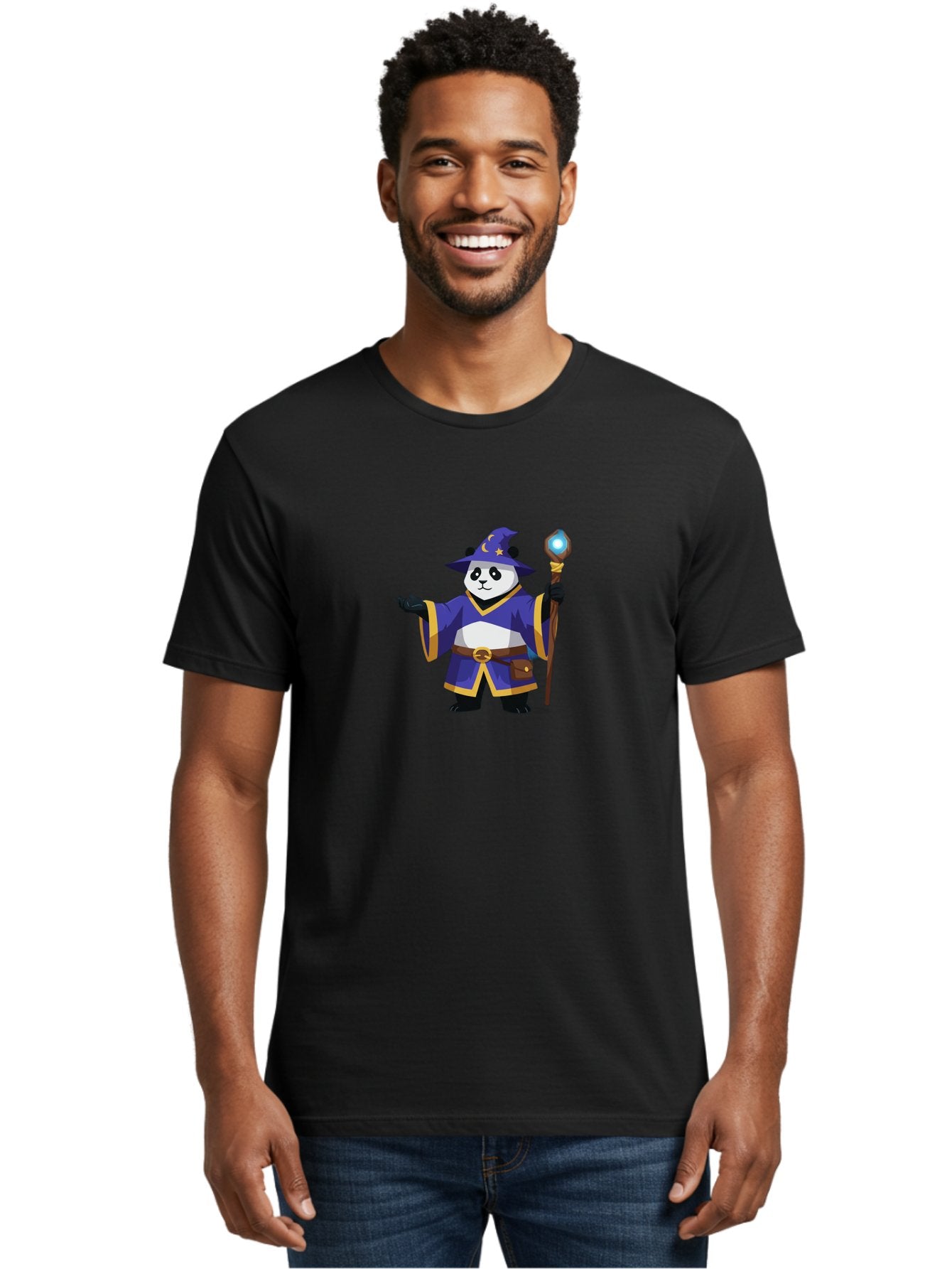 Panda-Wizard-1 Men'S Graphic Tee, 100% Cotton, Comfortable Casual Summer Wear, Machine Washable, Cartoon Panda Wizard, Magical Creature, Fantasy Character, Mystical Staff, Purple Robe, Yellow Trim, Crescent Moon, Stars, Magic Spell, Bae622 19