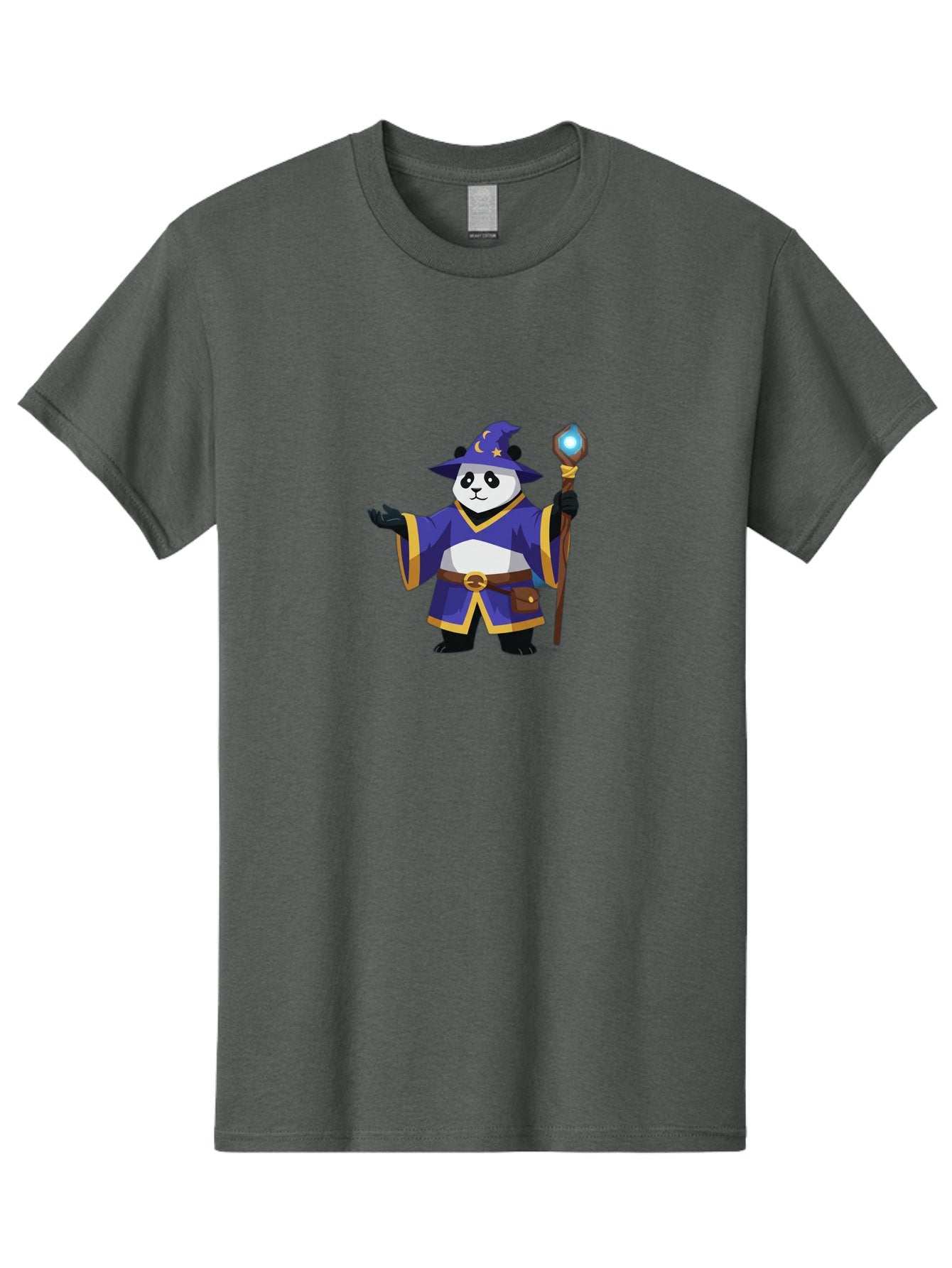 Panda-Wizard-1 Men'S Graphic Tee, 100% Cotton, Comfortable Casual Summer Wear, Machine Washable, Cartoon Panda Wizard, Magical Creature, Fantasy Character, Mystical Staff, Purple Robe, Yellow Trim, Crescent Moon, Stars, Magic Spell, Bae622 15