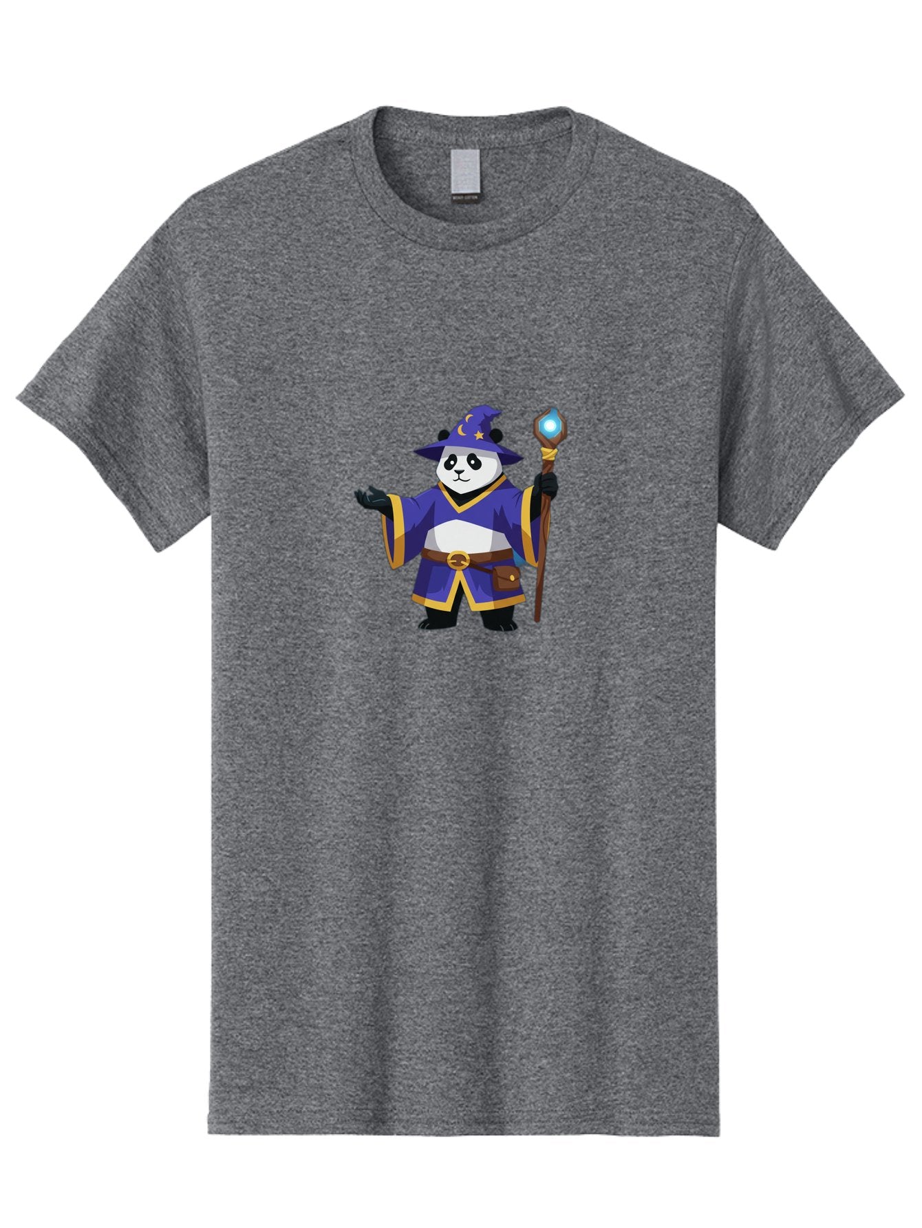 Panda-Wizard-1 Men'S Graphic Tee, 100% Cotton, Comfortable Casual Summer Wear, Machine Washable, Cartoon Panda Wizard, Magical Creature, Fantasy Character, Mystical Staff, Purple Robe, Yellow Trim, Crescent Moon, Stars, Magic Spell, Bae622 11