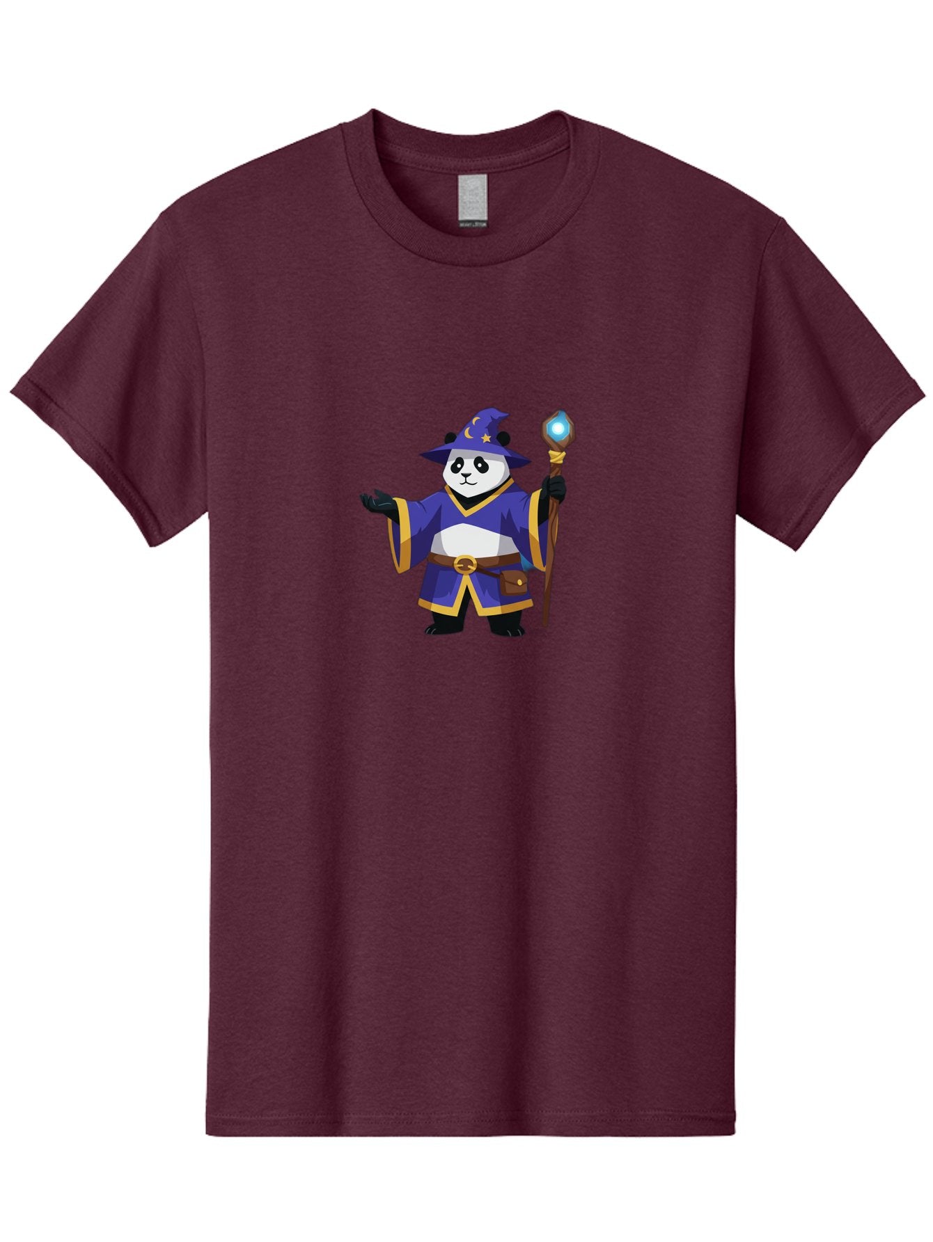 Panda-Wizard-1 Men'S Graphic Tee, 100% Cotton, Comfortable Casual Summer Wear, Machine Washable, Cartoon Panda Wizard, Magical Creature, Fantasy Character, Mystical Staff, Purple Robe, Yellow Trim, Crescent Moon, Stars, Magic Spell, Bae622 3