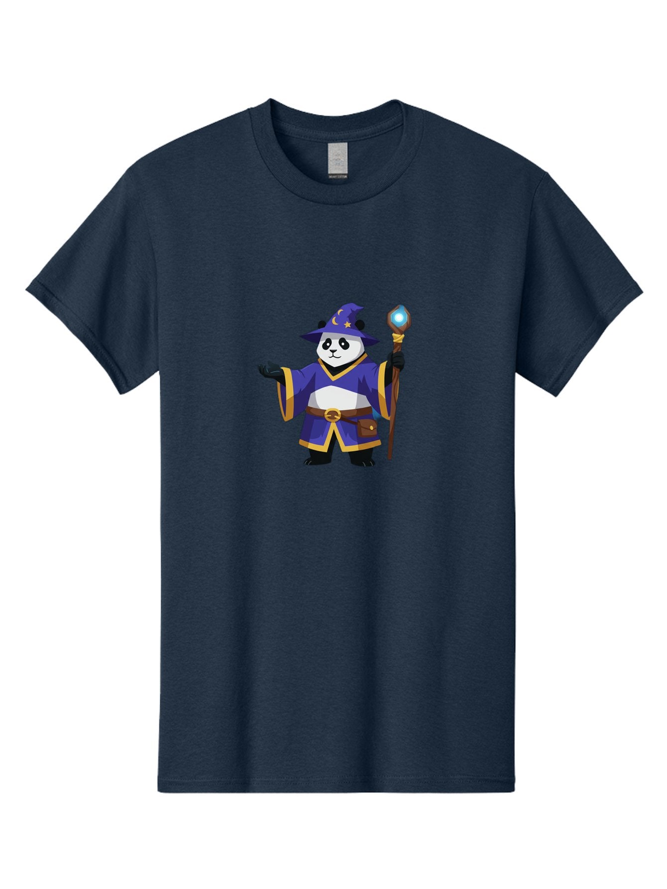 Panda-Wizard-1 Men'S Graphic Tee, 100% Cotton, Comfortable Casual Summer Wear, Machine Washable, Cartoon Panda Wizard, Magical Creature, Fantasy Character, Mystical Staff, Purple Robe, Yellow Trim, Crescent Moon, Stars, Magic Spell, Bae622