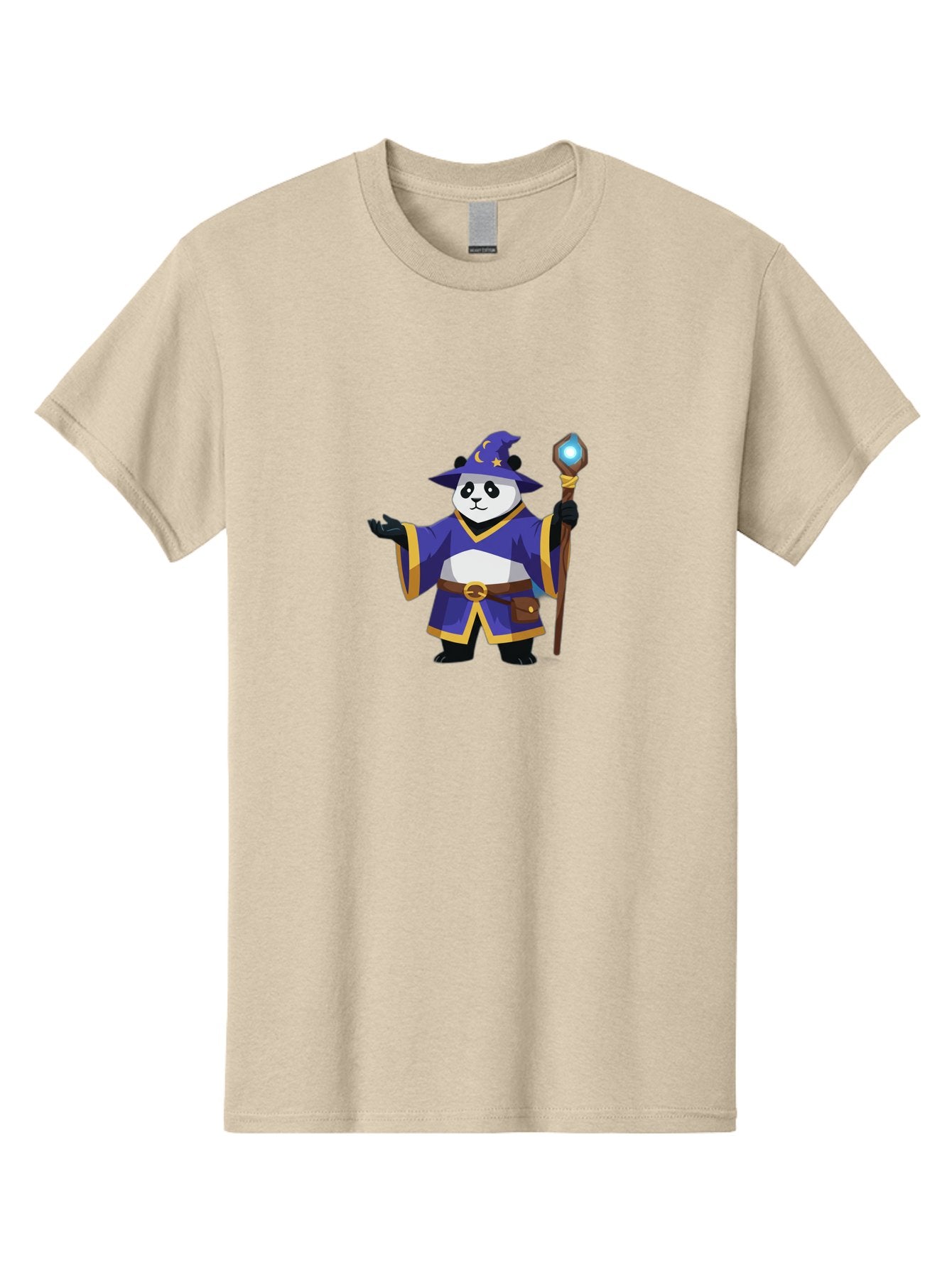 Panda-Wizard-1 Men'S Graphic Tee, 100% Cotton, Comfortable Casual Summer Wear, Machine Washable, Cartoon Panda Wizard, Magical Creature, Fantasy Character, Mystical Staff, Purple Robe, Yellow Trim, Crescent Moon, Stars, Magic Spell, Bae622 13