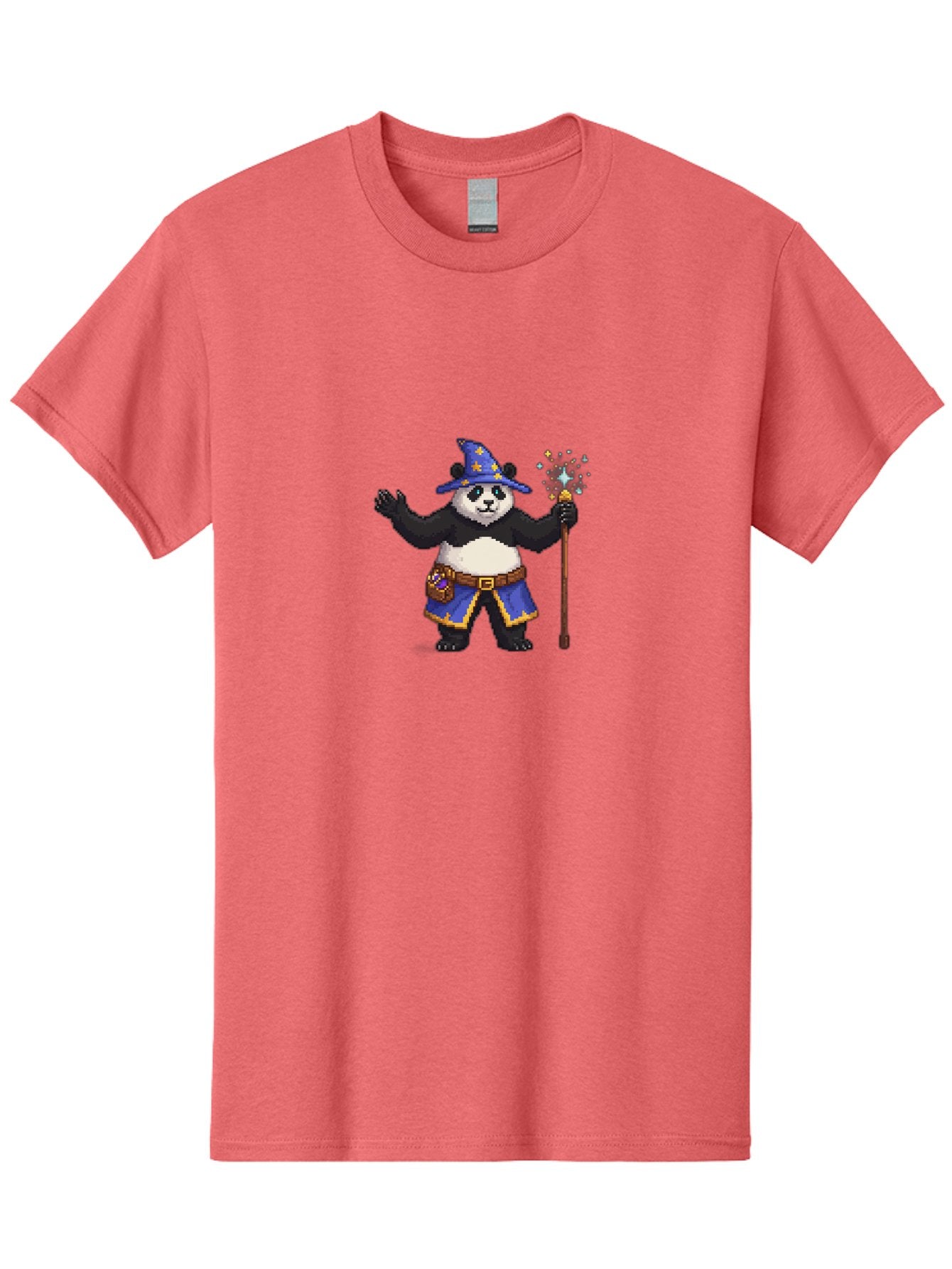 Panda-Wizard-2 Men'S Graphic Tee, 100% Cotton, Comfortable Casual Summer Wear, Machine Washable, Pixel Art, Panda Bear, Wizard Hat, Magic Wand, Fantasy Character, Pixelated Illustration, Cartoon Style, Magical Creature, Blue Robes, Bae623 8
