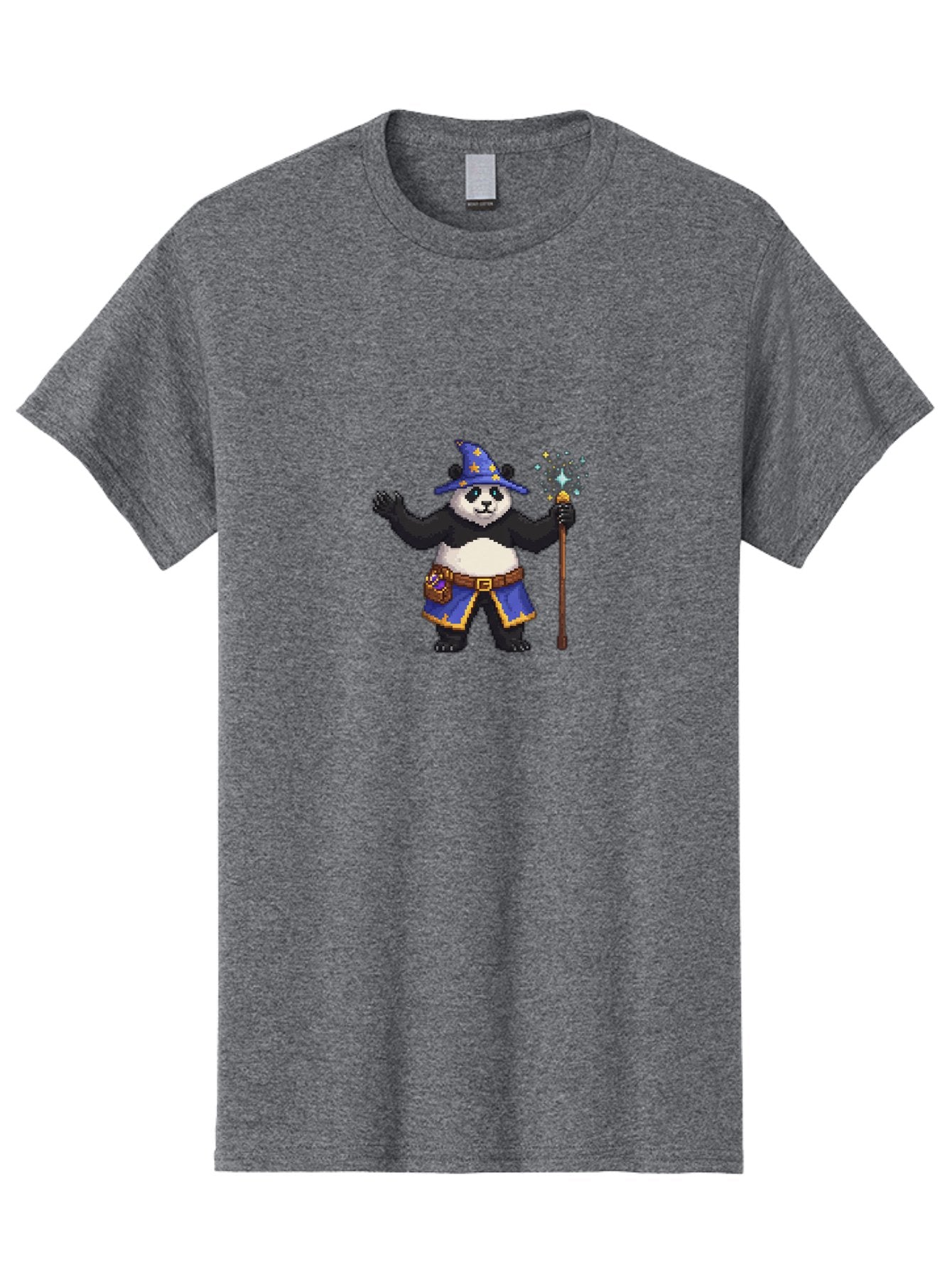 Panda-Wizard-2 Men'S Graphic Tee, 100% Cotton, Comfortable Casual Summer Wear, Machine Washable, Pixel Art, Panda Bear, Wizard Hat, Magic Wand, Fantasy Character, Pixelated Illustration, Cartoon Style, Magical Creature, Blue Robes, Bae623 3