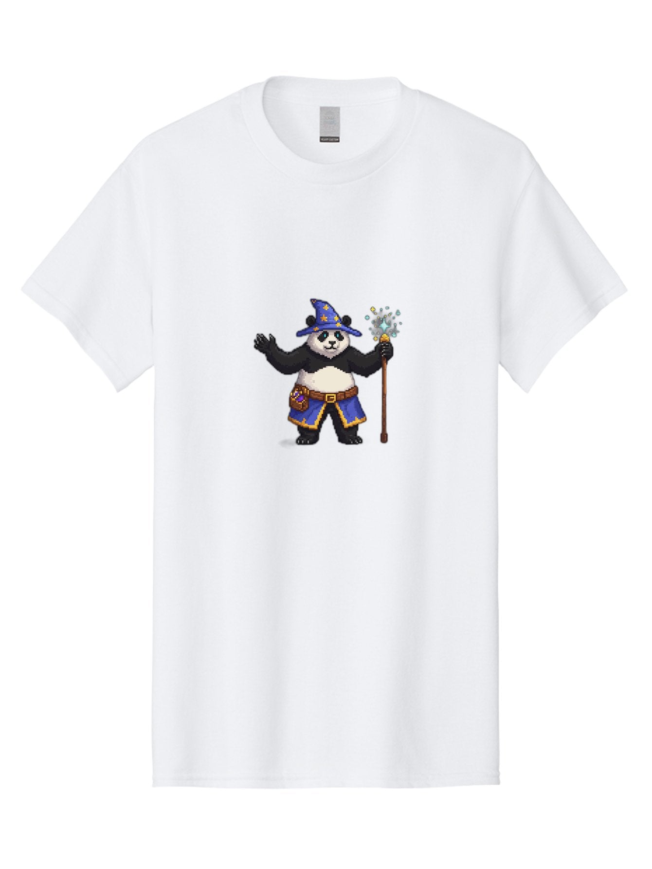 Panda-Wizard-2 Men'S Graphic Tee, 100% Cotton, Comfortable Casual Summer Wear, Machine Washable, Pixel Art, Panda Bear, Wizard Hat, Magic Wand, Fantasy Character, Pixelated Illustration, Cartoon Style, Magical Creature, Blue Robes, Bae623 5