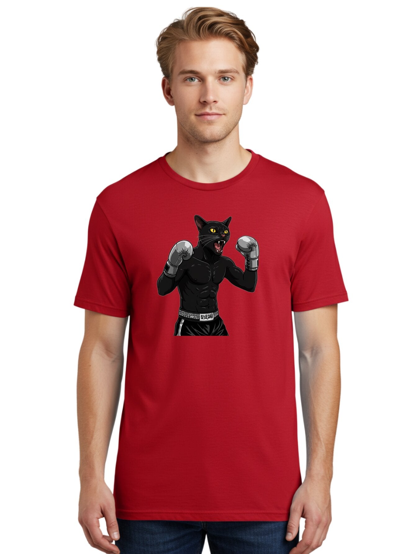 Panther-Boxing Men'S Graphic Tee, 100% Cotton, Comfortable Casual Summer Wear, Machine Washable, Boxing Cat, Muscular Cat, Black Panther, Cat With Boxing Gloves, Fight Mode, Riptide, Feline Boxer, Intense Expression, Cartoon Character Bae627 25