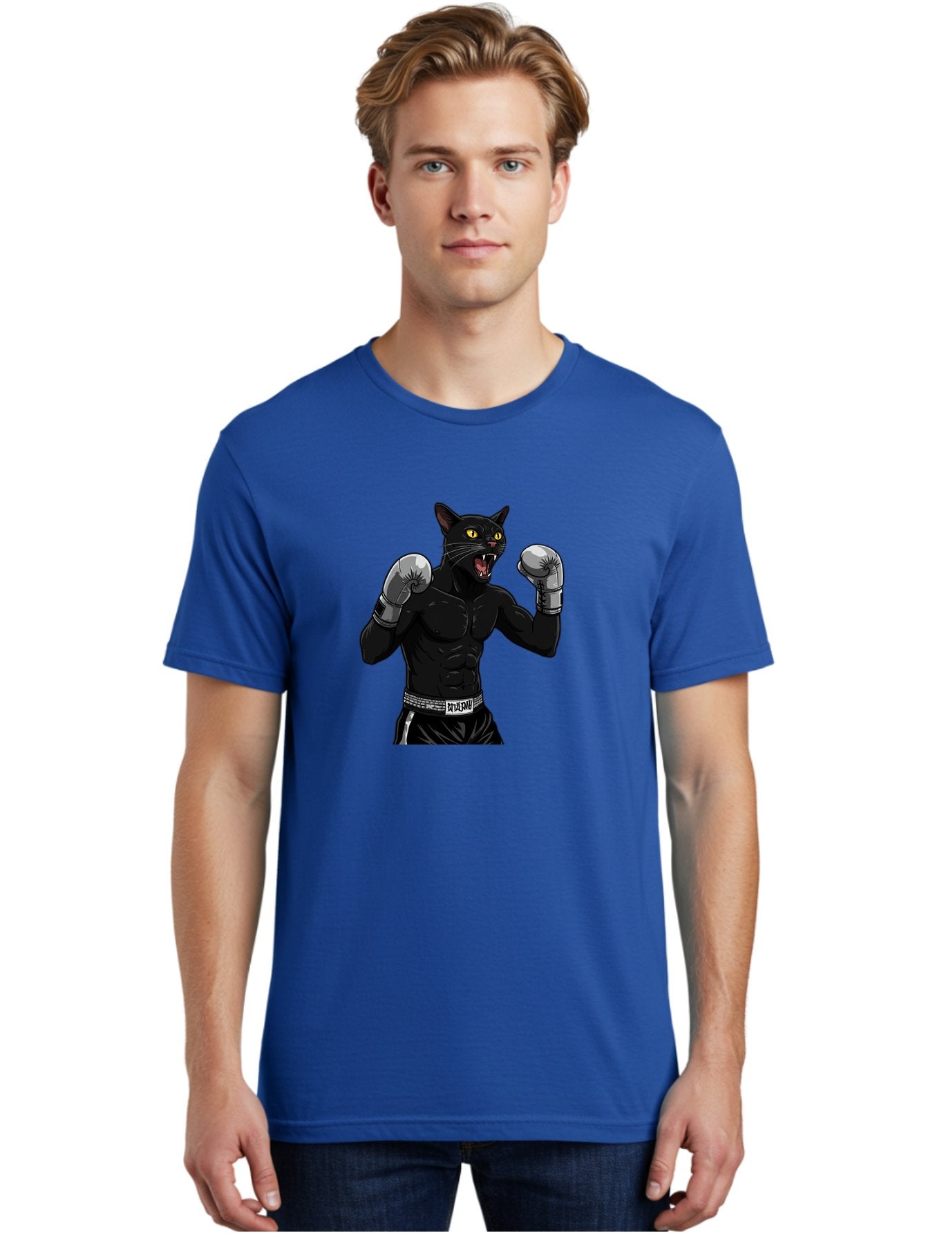 Panther-Boxing Men'S Graphic Tee, 100% Cotton, Comfortable Casual Summer Wear, Machine Washable, Boxing Cat, Muscular Cat, Black Panther, Cat With Boxing Gloves, Fight Mode, Riptide, Feline Boxer, Intense Expression, Cartoon Character Bae627 24