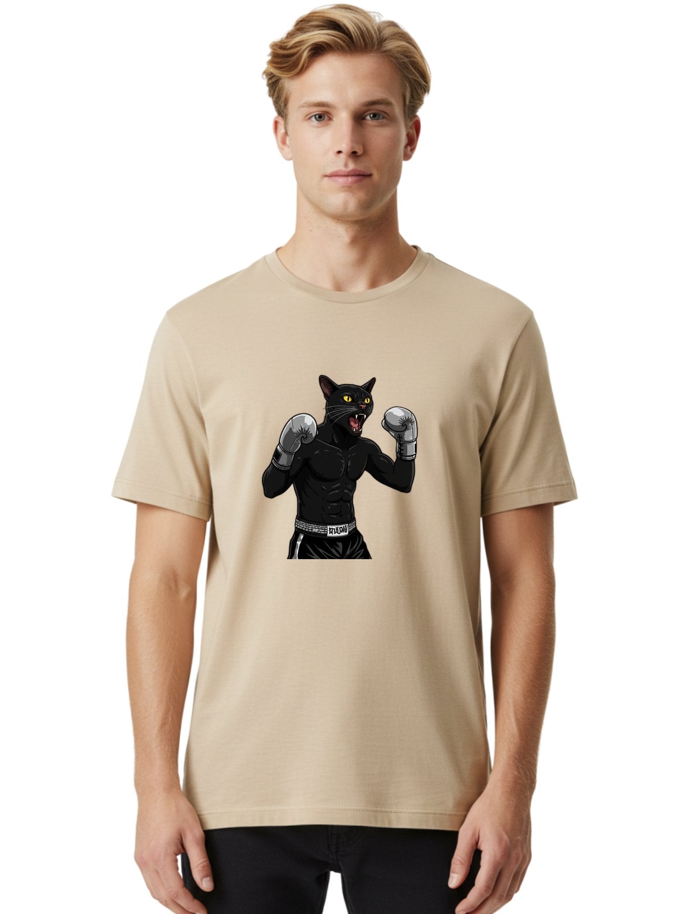 Panther-Boxing Men'S Graphic Tee, 100% Cotton, Comfortable Casual Summer Wear, Machine Washable, Boxing Cat, Muscular Cat, Black Panther, Cat With Boxing Gloves, Fight Mode, Riptide, Feline Boxer, Intense Expression, Cartoon Character Bae627 26