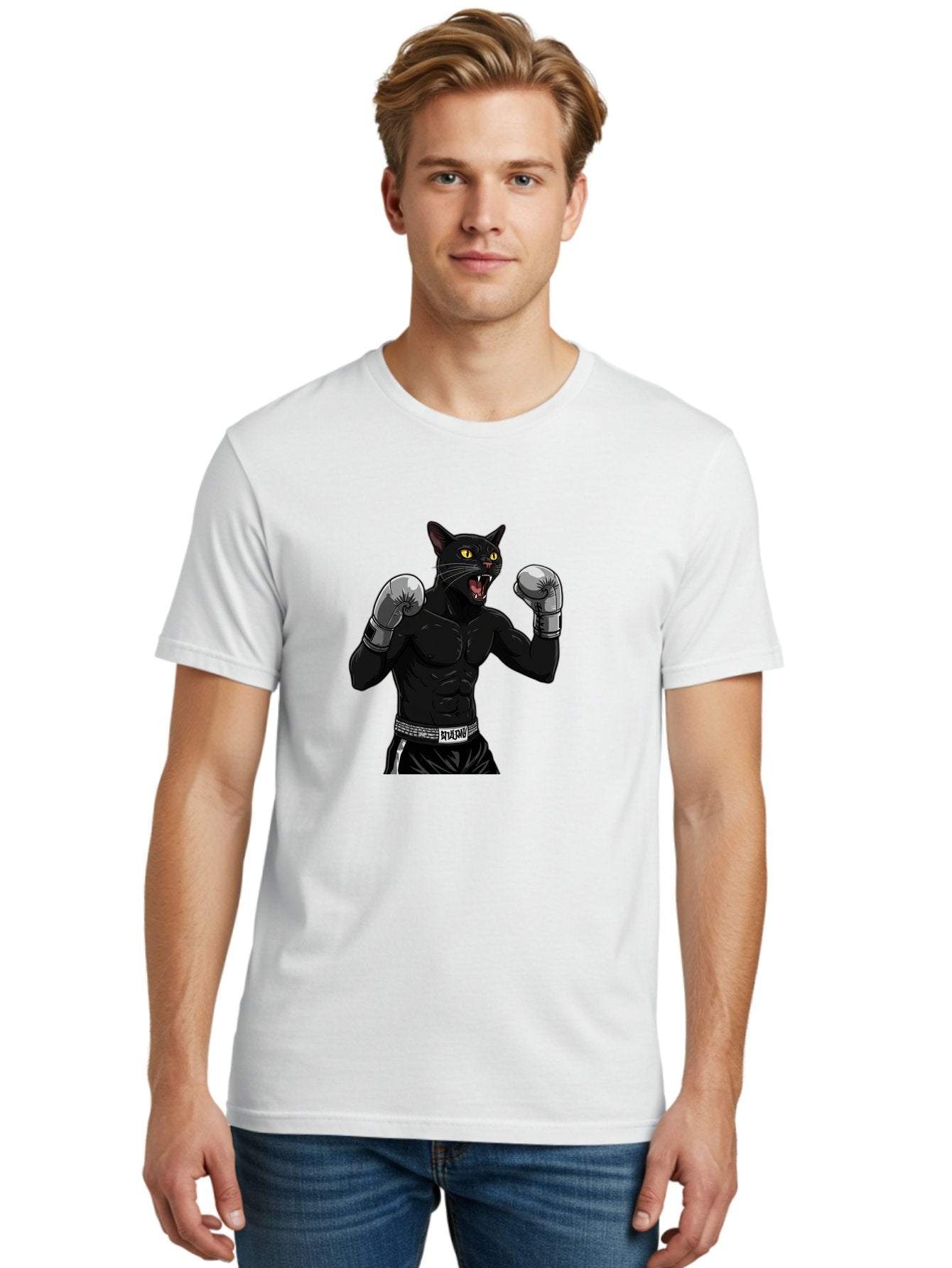 Panther-Boxing Men'S Graphic Tee, 100% Cotton, Comfortable Casual Summer Wear, Machine Washable, Boxing Cat, Muscular Cat, Black Panther, Cat With Boxing Gloves, Fight Mode, Riptide, Feline Boxer, Intense Expression, Cartoon Character Bae627 20