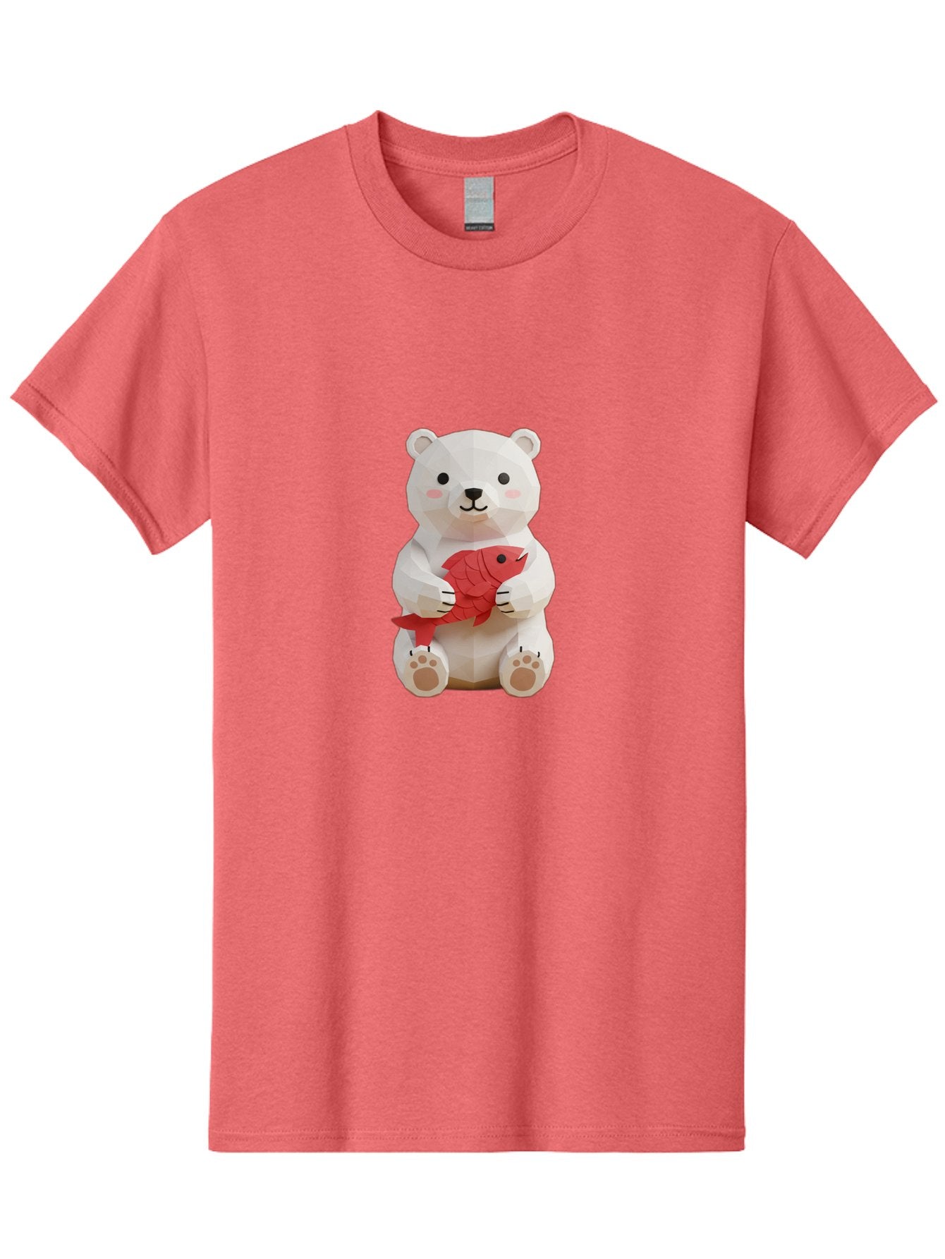 Paper-Polar-Bear Men'S Graphic Tee, 100% Cotton, Comfortable Casual Summer Wear, Machine Washable, White Polar Bear, Cute Cartoon, Red Fish, Kawaii Animals, Playful Illustration, 3D Art, Digital Character, Adorable, Holding Fish Bae629 4