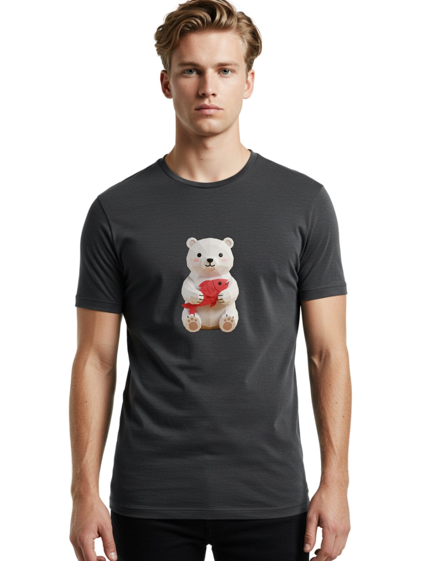 Paper-Polar-Bear Men'S Graphic Tee, 100% Cotton, Comfortable Casual Summer Wear, Machine Washable, White Polar Bear, Cute Cartoon, Red Fish, Kawaii Animals, Playful Illustration, 3D Art, Digital Character, Adorable, Holding Fish Bae629 20