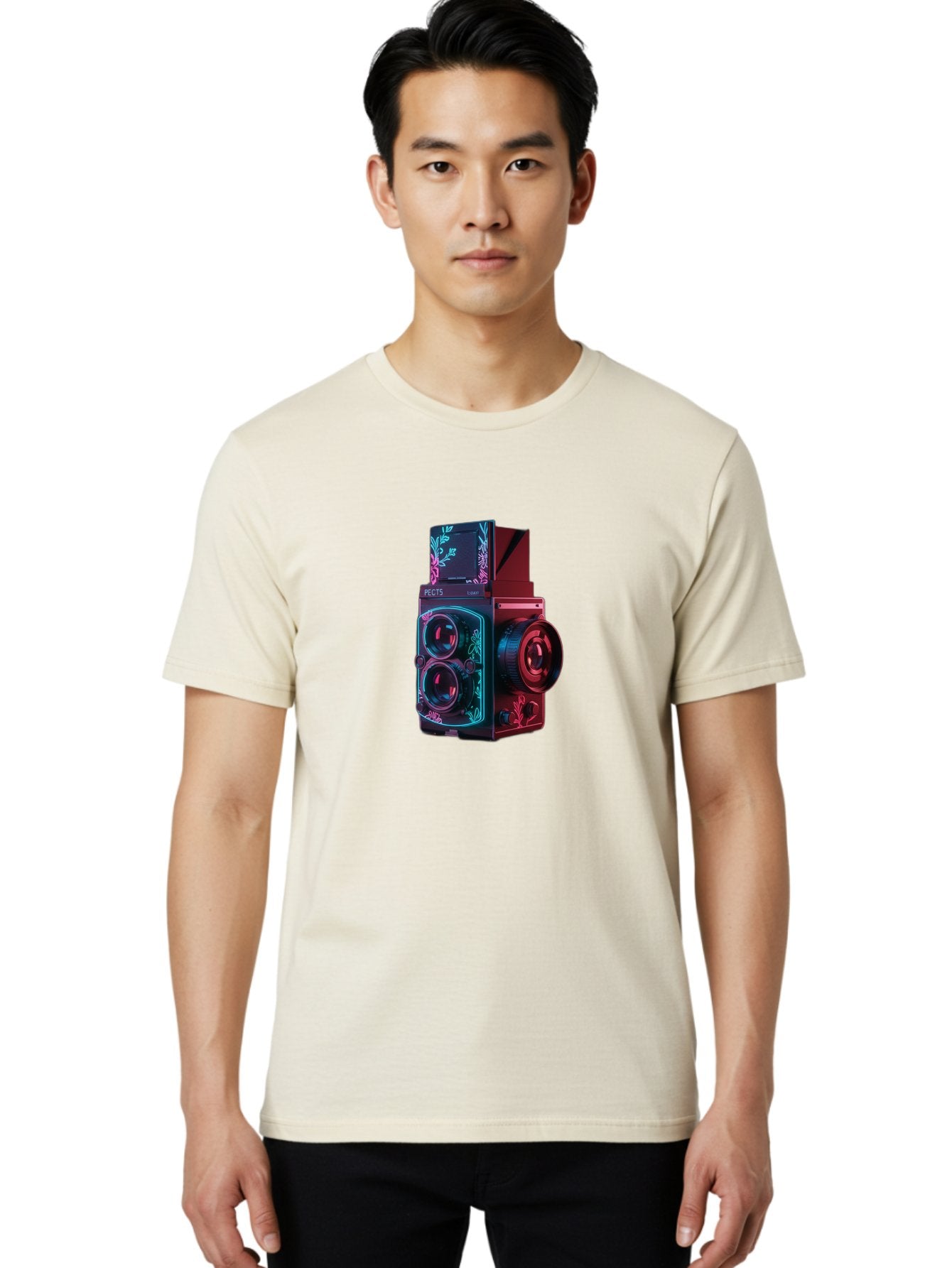Pects-Lumary Men'S Graphic Tee, 100% Cotton, Comfortable Casual Summer Wear, Machine Washable, Pects Lumary Camera, Professional Photography, Neon Lights, Futuristic Design, Camera Equipment, Floral Patterns, Vibrant Colors, Photography Gear, Bae631 17