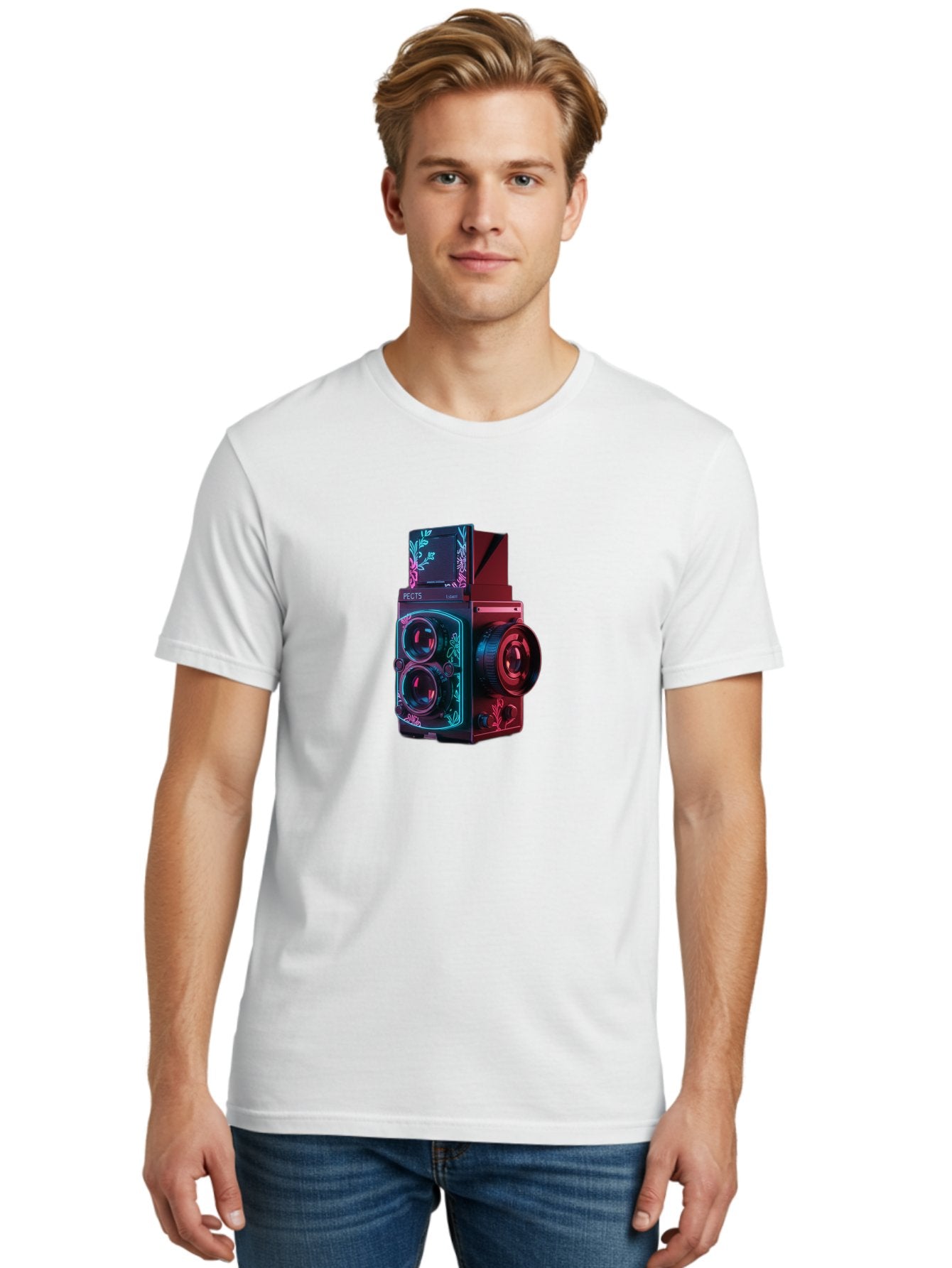 Pects-Lumary Men'S Graphic Tee, 100% Cotton, Comfortable Casual Summer Wear, Machine Washable, Pects Lumary Camera, Professional Photography, Neon Lights, Futuristic Design, Camera Equipment, Floral Patterns, Vibrant Colors, Photography Gear, Bae631 16