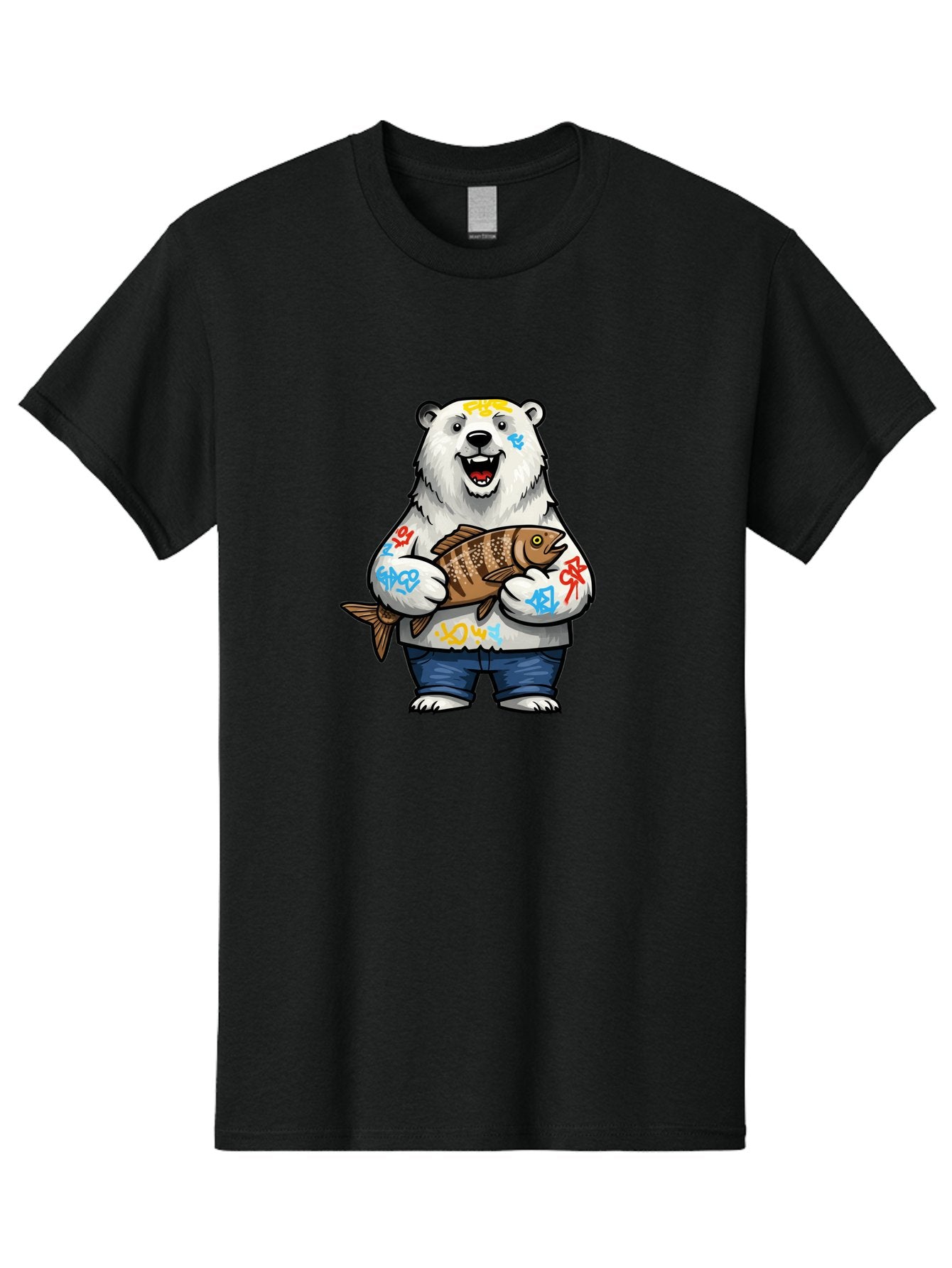 Polar-Bear-1 Men'S Graphic Tee, 100% Cotton, Comfortable Casual Summer Wear, Machine Washable, Polar Bear Holding Fish, Cartoon Character, Graffiti Art, Streetwear Style, Urban Wildlife, Cool Bear, Fish In Hands, Funny Bear, Kawaii Art, Bae638