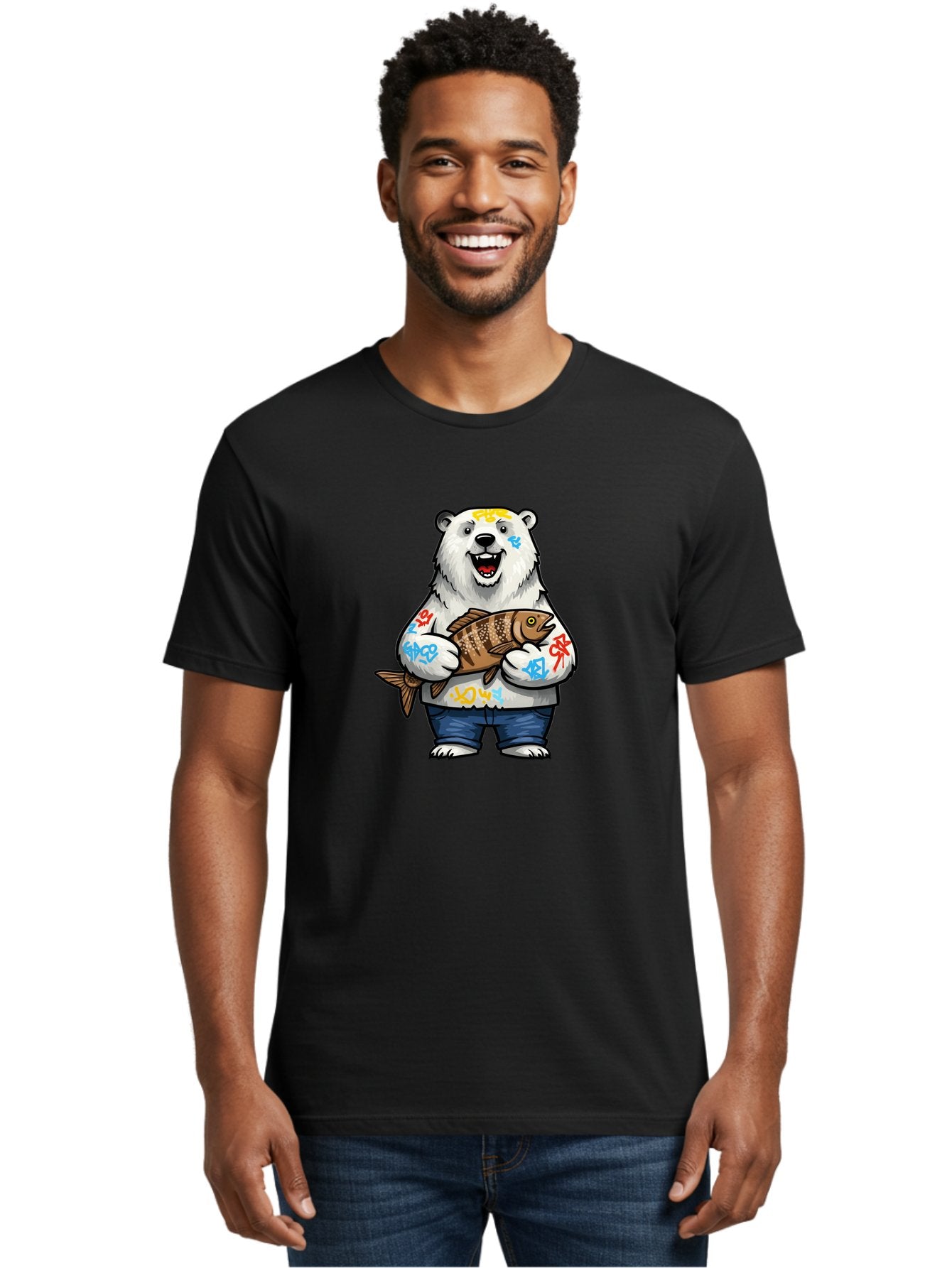 Polar-Bear-1 Men'S Graphic Tee, 100% Cotton, Comfortable Casual Summer Wear, Machine Washable, Polar Bear Holding Fish, Cartoon Character, Graffiti Art, Streetwear Style, Urban Wildlife, Cool Bear, Fish In Hands, Funny Bear, Kawaii Art, Bae638 21