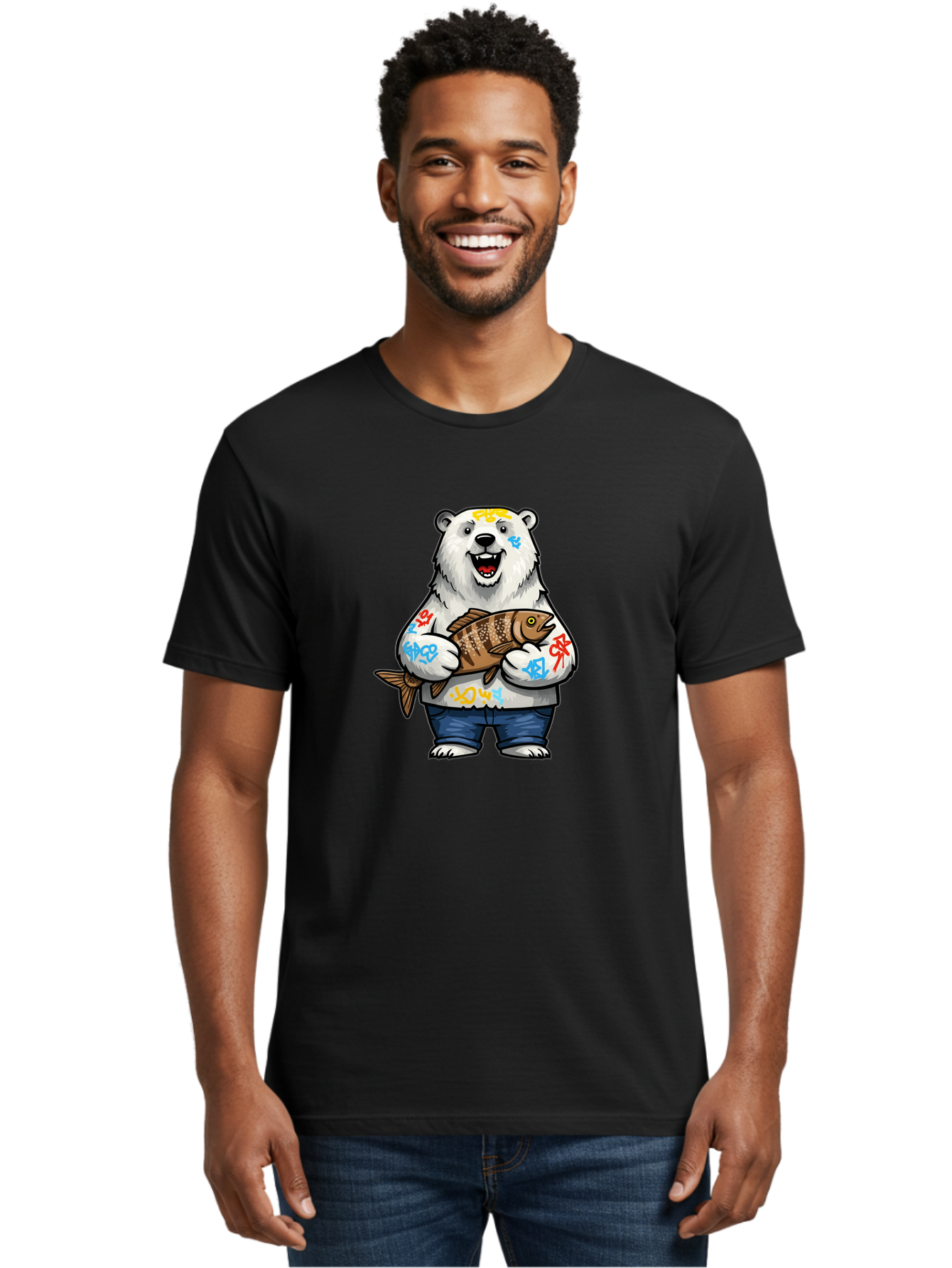 Polar-Bear-1 Men'S Graphic Tee, 100% Cotton, Comfortable Casual Summer Wear, Machine Washable, Polar Bear Holding Fish, Cartoon Character, Graffiti Art, Streetwear Style, Urban Wildlife, Cool Bear, Fish In Hands, Funny Bear, Kawaii Art, Bae638 25