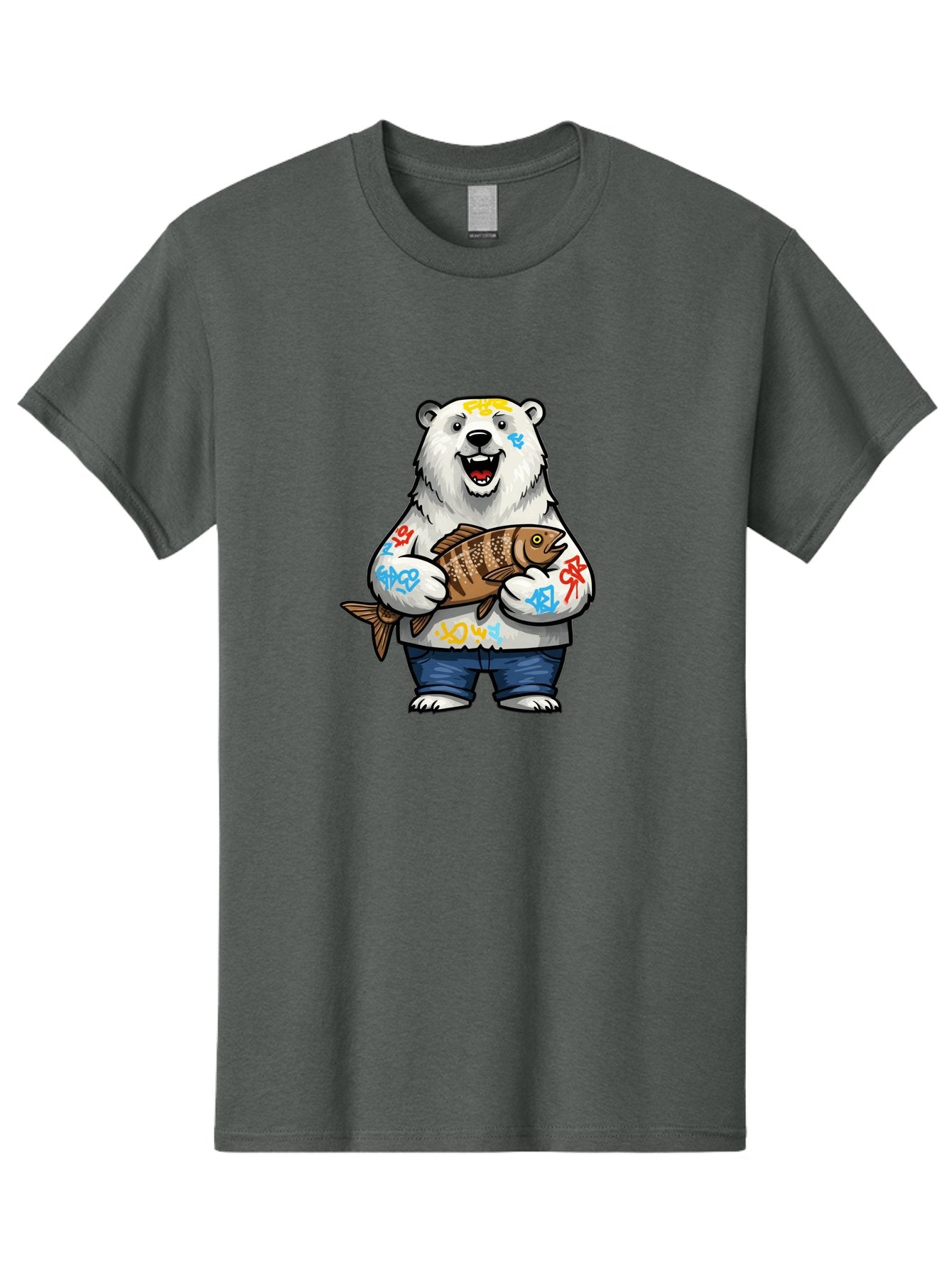 Polar-Bear-1 Men'S Graphic Tee, 100% Cotton, Comfortable Casual Summer Wear, Machine Washable, Polar Bear Holding Fish, Cartoon Character, Graffiti Art, Streetwear Style, Urban Wildlife, Cool Bear, Fish In Hands, Funny Bear, Kawaii Art, Bae638 13