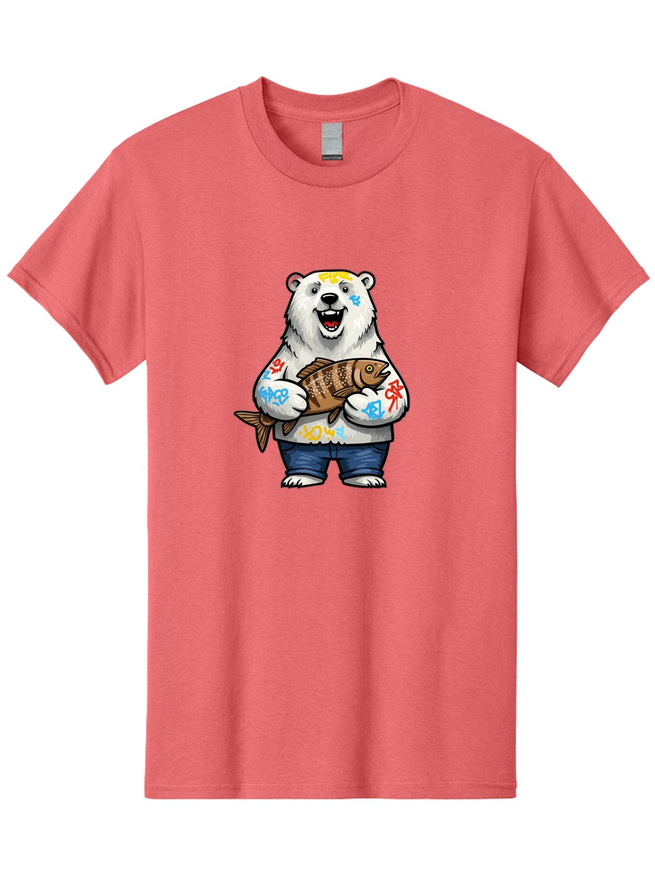 Polar-Bear-1 Men'S Graphic Tee, 100% Cotton, Comfortable Casual Summer Wear, Machine Washable, Polar Bear Holding Fish, Cartoon Character, Graffiti Art, Streetwear Style, Urban Wildlife, Cool Bear, Fish In Hands, Funny Bear, Kawaii Art, Bae638 7