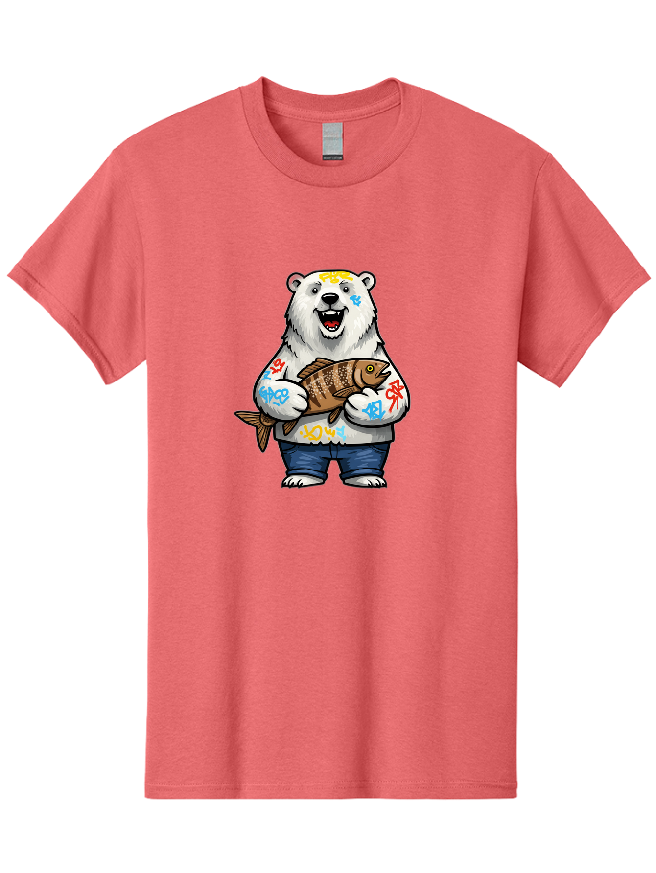 Polar-Bear-1 Men'S Graphic Tee, 100% Cotton, Comfortable Casual Summer Wear, Machine Washable, Polar Bear Holding Fish, Cartoon Character, Graffiti Art, Streetwear Style, Urban Wildlife, Cool Bear, Fish In Hands, Funny Bear, Kawaii Art, Bae638 13