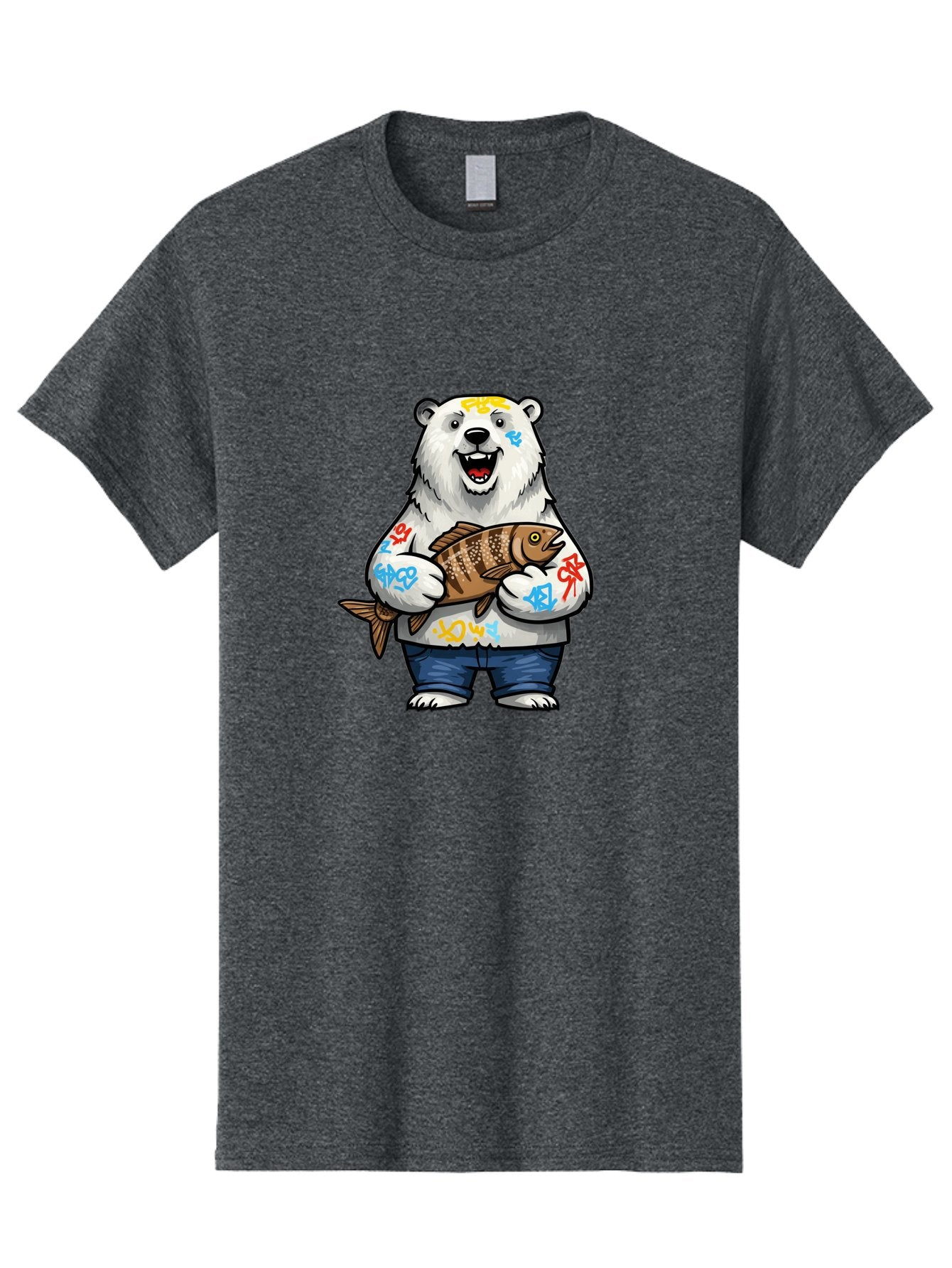 Polar-Bear-1 Men'S Graphic Tee, 100% Cotton, Comfortable Casual Summer Wear, Machine Washable, Polar Bear Holding Fish, Cartoon Character, Graffiti Art, Streetwear Style, Urban Wildlife, Cool Bear, Fish In Hands, Funny Bear, Kawaii Art, Bae638 4