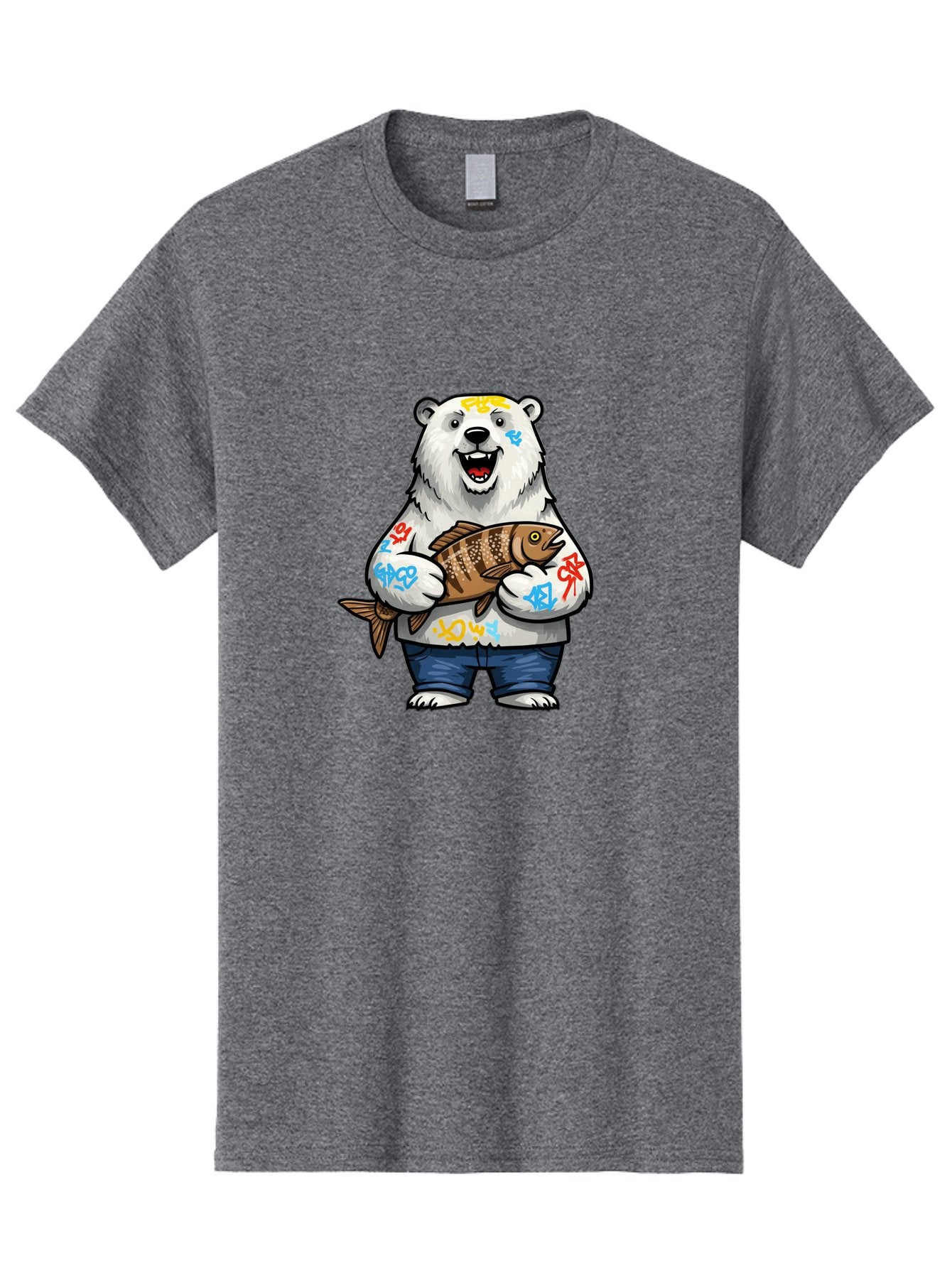 Polar-Bear-1 Men'S Graphic Tee, 100% Cotton, Comfortable Casual Summer Wear, Machine Washable, Polar Bear Holding Fish, Cartoon Character, Graffiti Art, Streetwear Style, Urban Wildlife, Cool Bear, Fish In Hands, Funny Bear, Kawaii Art, Bae638 5