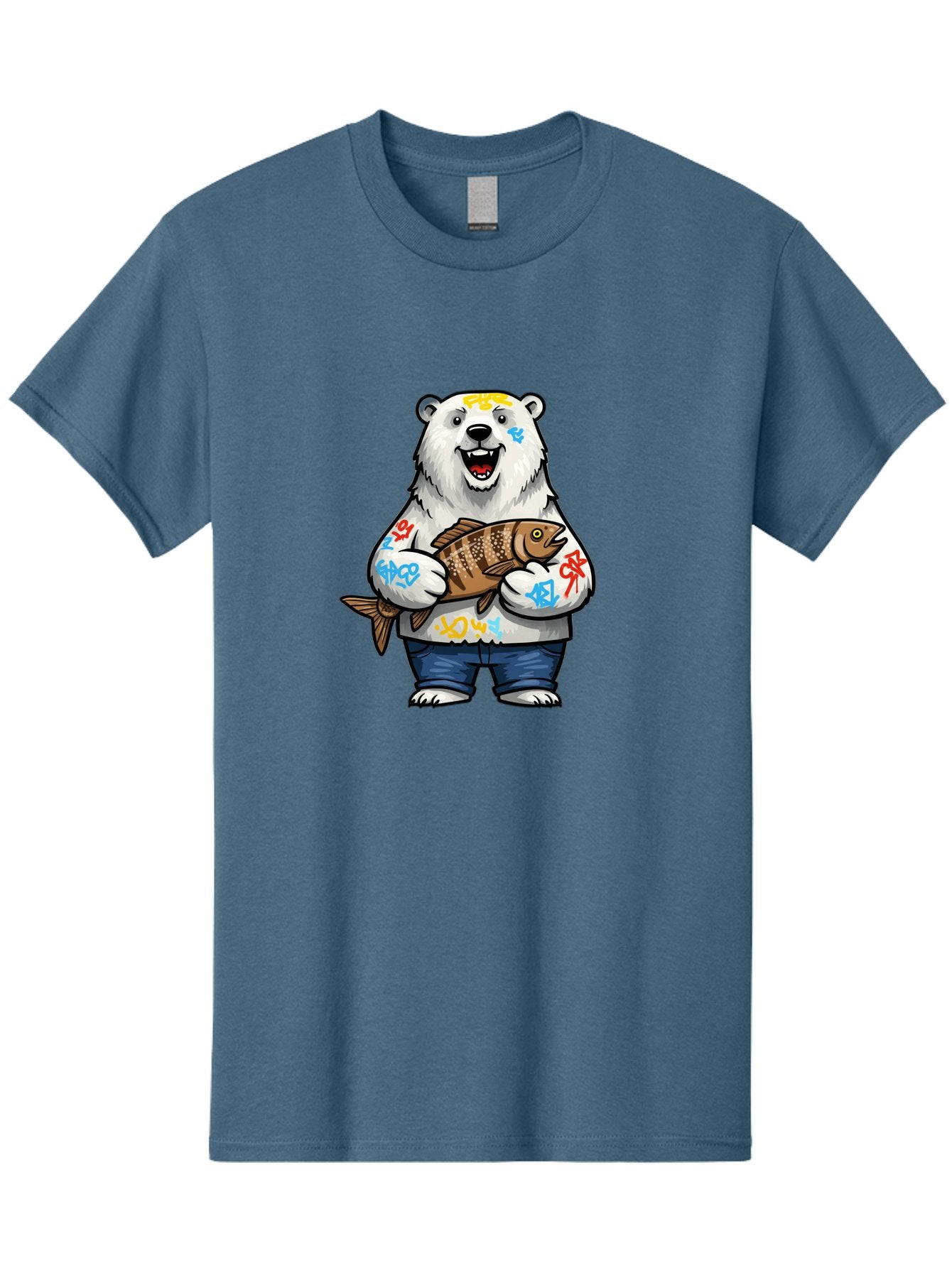 Polar-Bear-1 Men'S Graphic Tee, 100% Cotton, Comfortable Casual Summer Wear, Machine Washable, Polar Bear Holding Fish, Cartoon Character, Graffiti Art, Streetwear Style, Urban Wildlife, Cool Bear, Fish In Hands, Funny Bear, Kawaii Art, Bae638 15
