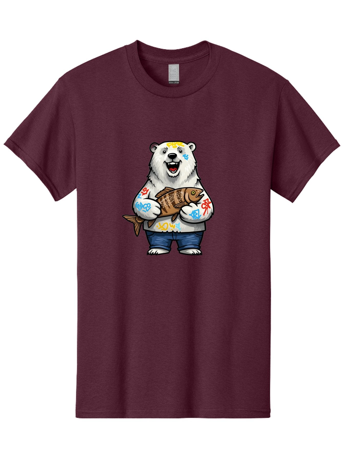 Polar-Bear-1 Men'S Graphic Tee, 100% Cotton, Comfortable Casual Summer Wear, Machine Washable, Polar Bear Holding Fish, Cartoon Character, Graffiti Art, Streetwear Style, Urban Wildlife, Cool Bear, Fish In Hands, Funny Bear, Kawaii Art, Bae638
