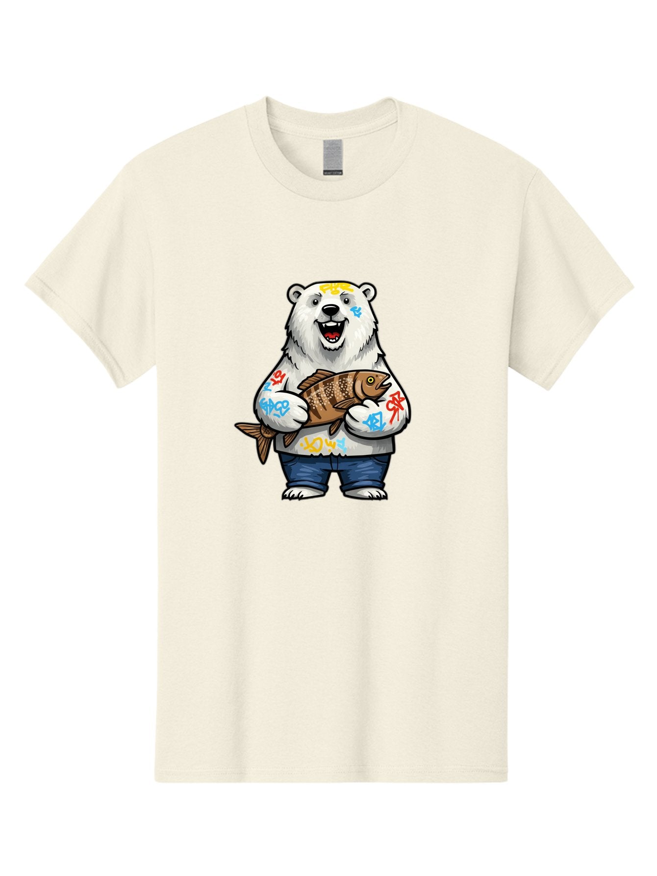 Polar-Bear-1 Men'S Graphic Tee, 100% Cotton, Comfortable Casual Summer Wear, Machine Washable, Polar Bear Holding Fish, Cartoon Character, Graffiti Art, Streetwear Style, Urban Wildlife, Cool Bear, Fish In Hands, Funny Bear, Kawaii Art, Bae638 3