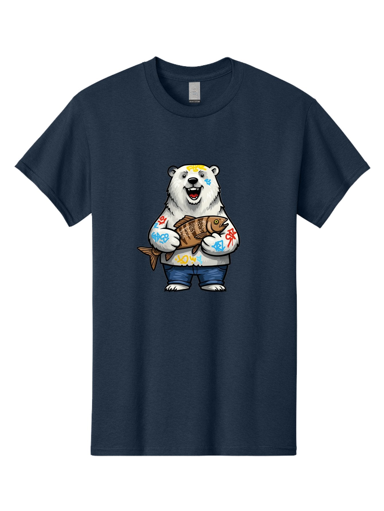 Polar-Bear-1 Men'S Graphic Tee, 100% Cotton, Comfortable Casual Summer Wear, Machine Washable, Polar Bear Holding Fish, Cartoon Character, Graffiti Art, Streetwear Style, Urban Wildlife, Cool Bear, Fish In Hands, Funny Bear, Kawaii Art, Bae638 8