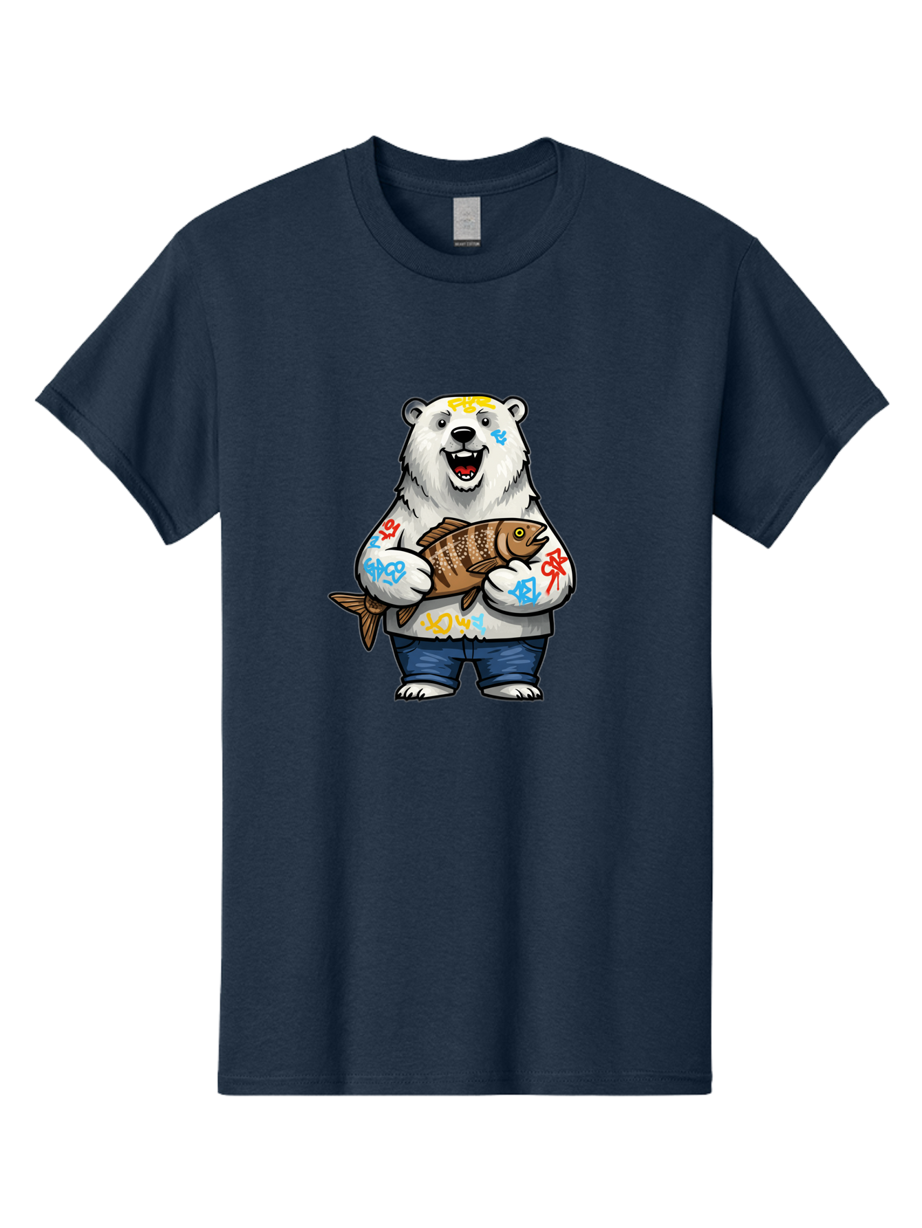 Polar-Bear-1 Men'S Graphic Tee, 100% Cotton, Comfortable Casual Summer Wear, Machine Washable, Polar Bear Holding Fish, Cartoon Character, Graffiti Art, Streetwear Style, Urban Wildlife, Cool Bear, Fish In Hands, Funny Bear, Kawaii Art, Bae638 6