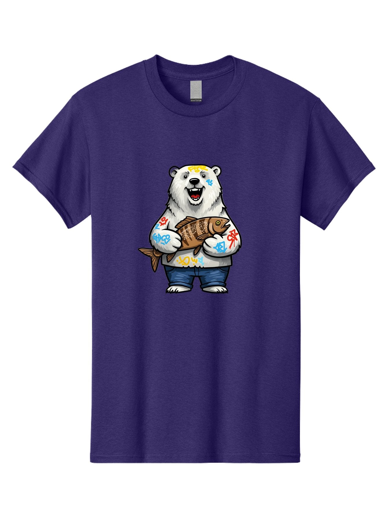Polar-Bear-1 Men'S Graphic Tee, 100% Cotton, Comfortable Casual Summer Wear, Machine Washable, Polar Bear Holding Fish, Cartoon Character, Graffiti Art, Streetwear Style, Urban Wildlife, Cool Bear, Fish In Hands, Funny Bear, Kawaii Art, Bae638 9