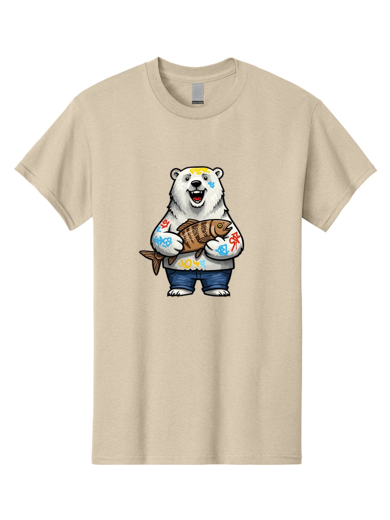 Polar-Bear-1 Men'S Graphic Tee, 100% Cotton, Comfortable Casual Summer Wear, Machine Washable, Polar Bear Holding Fish, Cartoon Character, Graffiti Art, Streetwear Style, Urban Wildlife, Cool Bear, Fish In Hands, Funny Bear, Kawaii Art, Bae638 12
