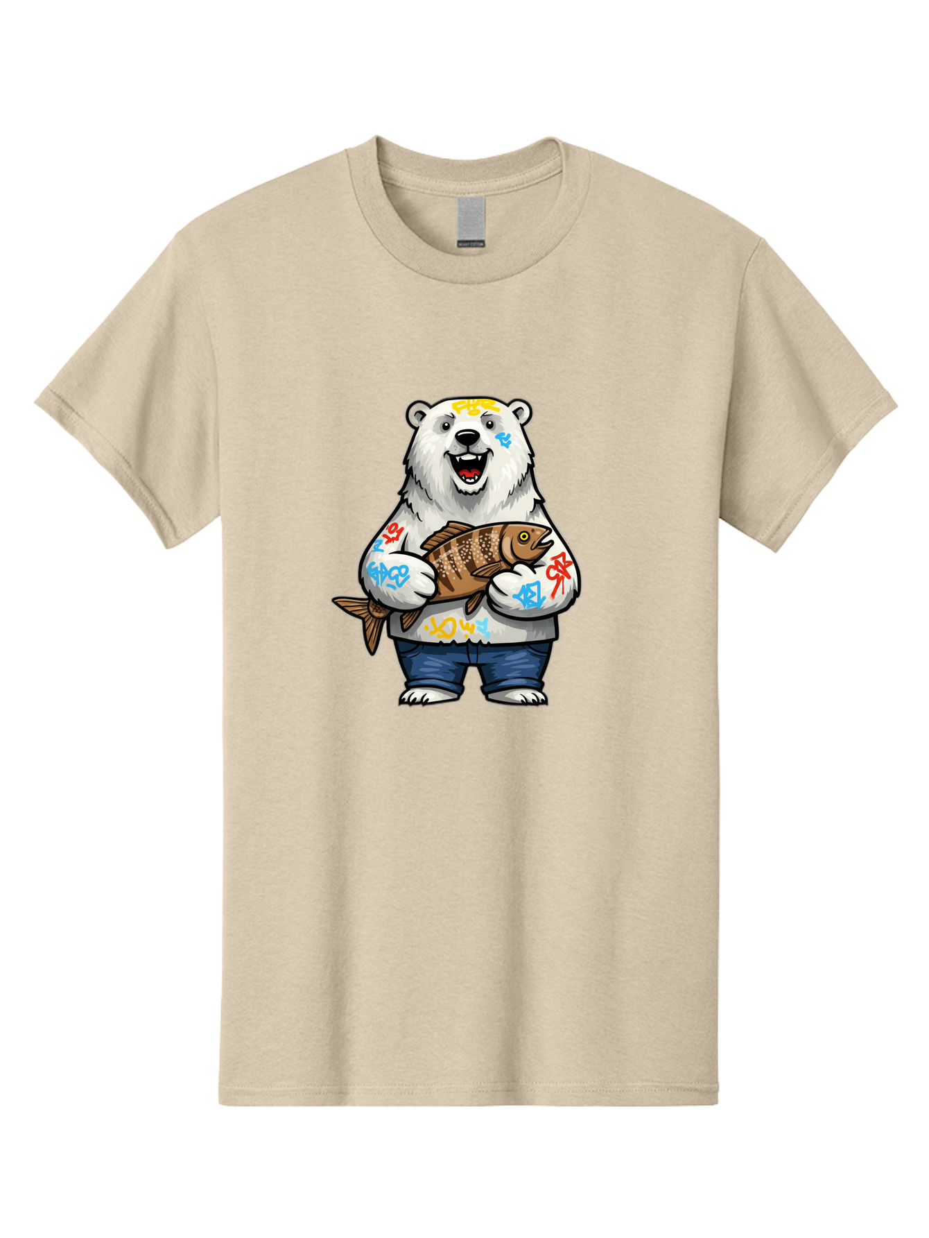 Polar-Bear-1 Men'S Graphic Tee, 100% Cotton, Comfortable Casual Summer Wear, Machine Washable, Polar Bear Holding Fish, Cartoon Character, Graffiti Art, Streetwear Style, Urban Wildlife, Cool Bear, Fish In Hands, Funny Bear, Kawaii Art, Bae638 3