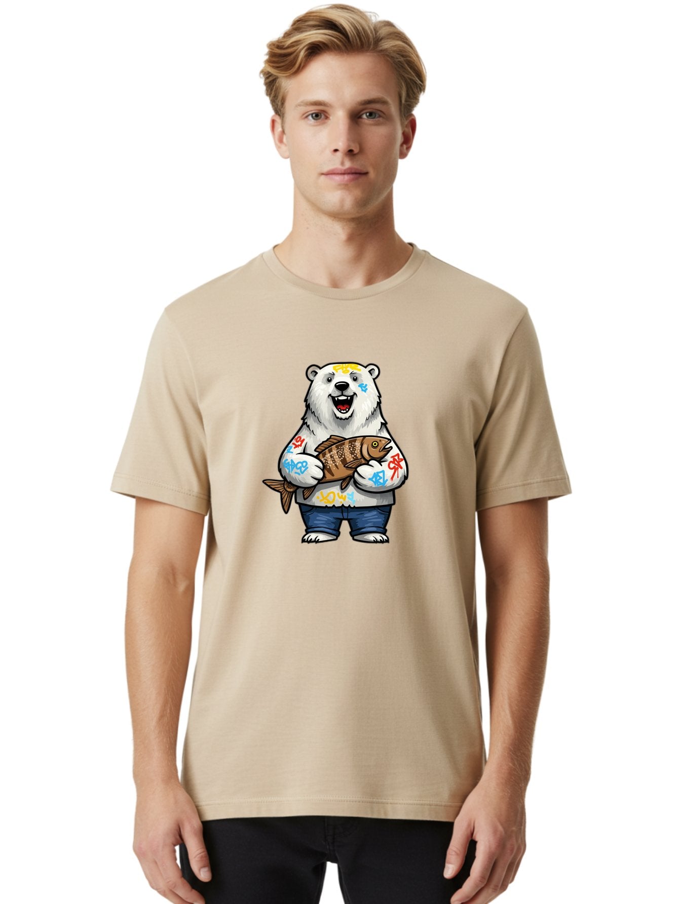 Polar-Bear-1 Men'S Graphic Tee, 100% Cotton, Comfortable Casual Summer Wear, Machine Washable, Polar Bear Holding Fish, Cartoon Character, Graffiti Art, Streetwear Style, Urban Wildlife, Cool Bear, Fish In Hands, Funny Bear, Kawaii Art, Bae638 28