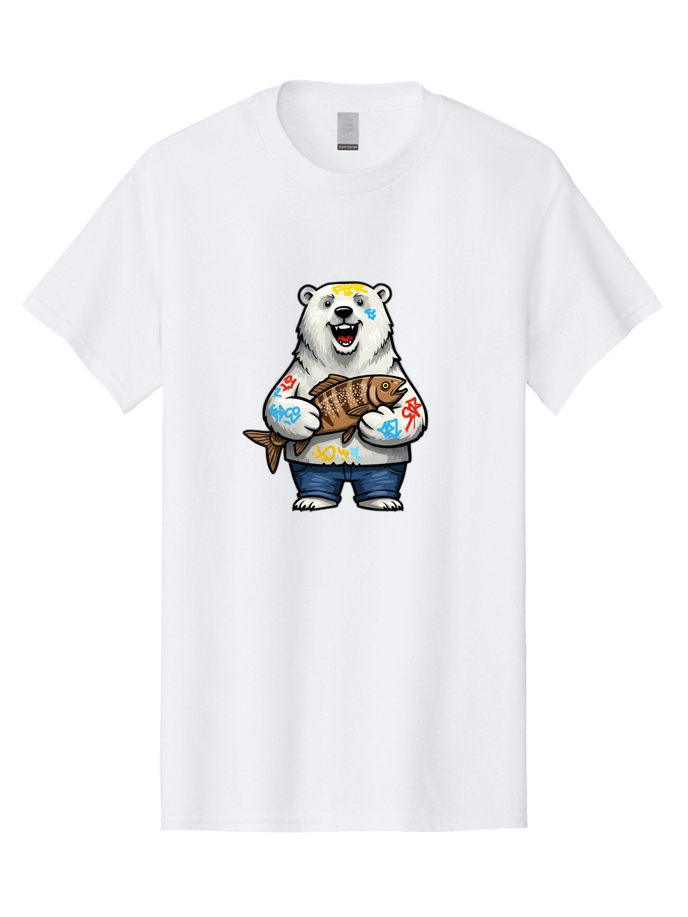Polar-Bear-1 Men'S Graphic Tee, 100% Cotton, Comfortable Casual Summer Wear, Machine Washable, Polar Bear Holding Fish, Cartoon Character, Graffiti Art, Streetwear Style, Urban Wildlife, Cool Bear, Fish In Hands, Funny Bear, Kawaii Art, Bae638 14