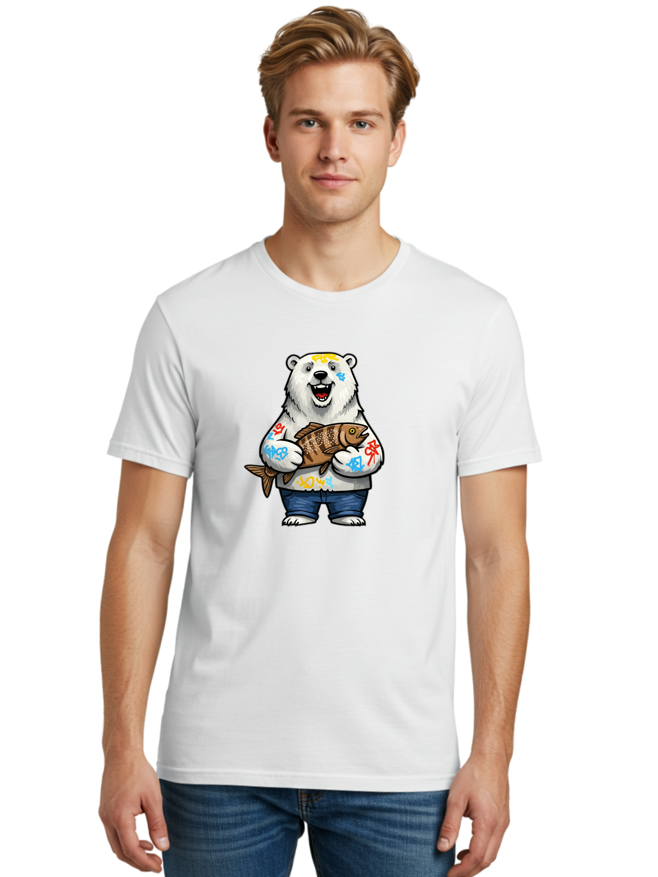 Polar-Bear-1 Men'S Graphic Tee, 100% Cotton, Comfortable Casual Summer Wear, Machine Washable, Polar Bear Holding Fish, Cartoon Character, Graffiti Art, Streetwear Style, Urban Wildlife, Cool Bear, Fish In Hands, Funny Bear, Kawaii Art, Bae638 17